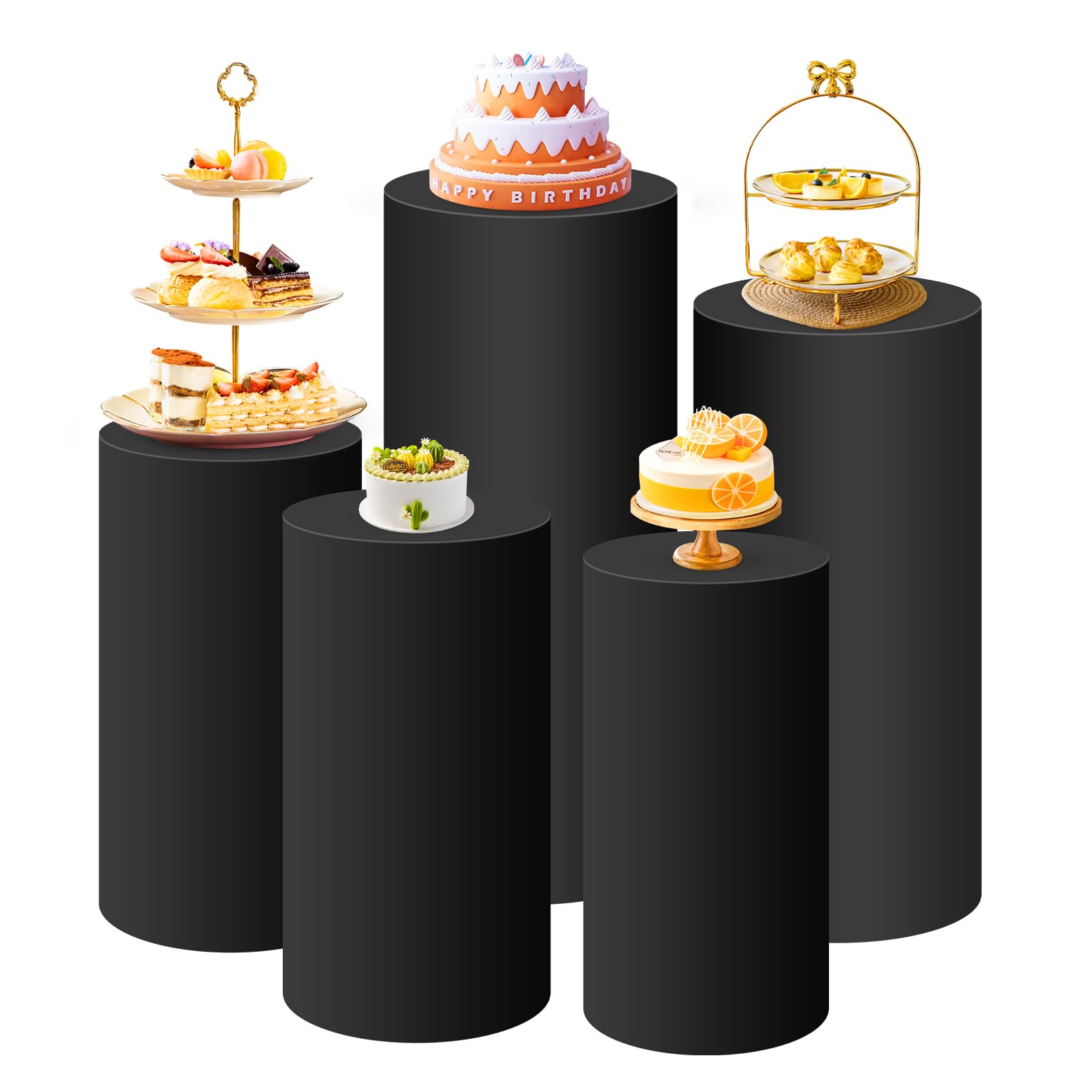 SaitiMade Set of 5 - Black Cylinder Pedestal Stand Covers, Flexible Cylinder Stand Covers for Party, Wedding or Birthday Event D