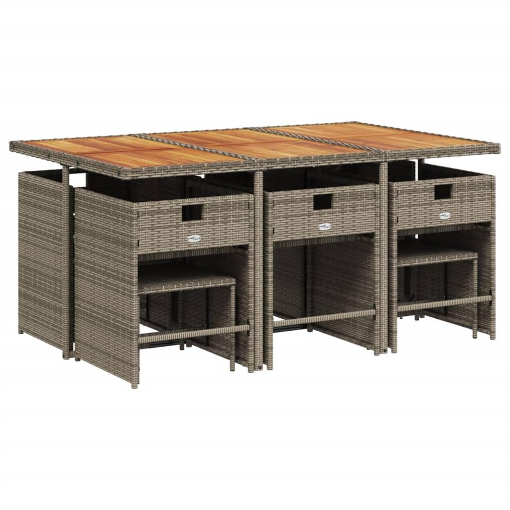 vidaXL 11-Piece Patio Dining Set with Cushions – PE Rattan, Powder-Coated Steel, Acacia Wood, Navy Blue Cushions, Gray/Brown, Space-Saving for Outdoor, Garden, Backyard Use
