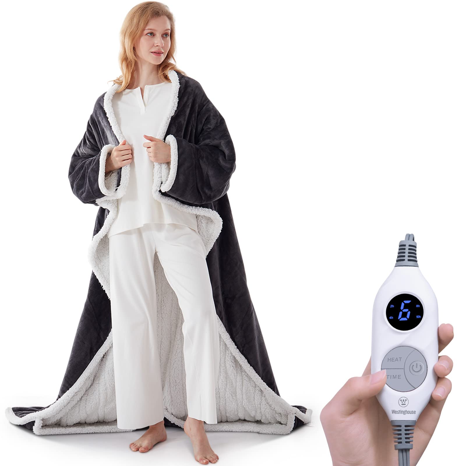 Westinghouse Electric Snuggle Throw Blankets With Foot Pocket, Wearable Heated Blanket With Sleeves, 6 Heating Levels & 2 To 10
