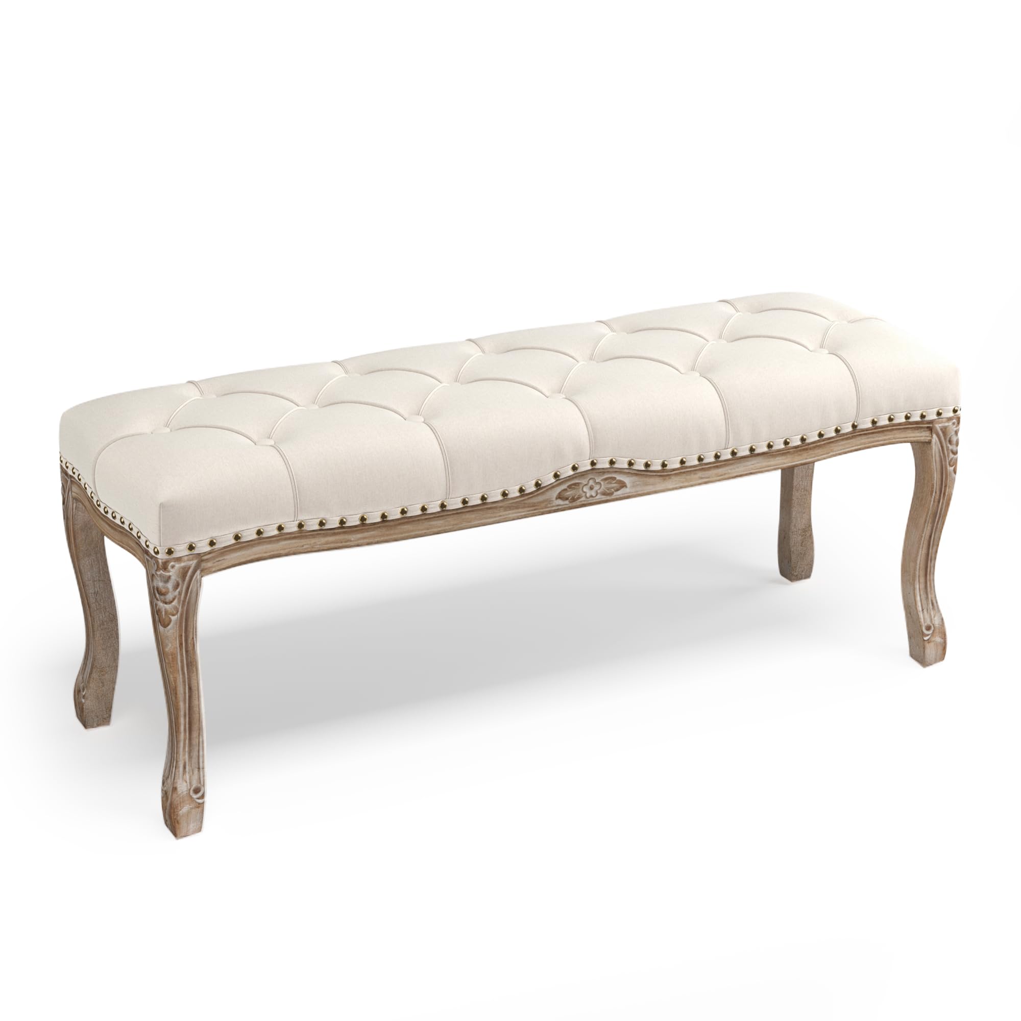 Cozyman Bedroom Bench, French Vintage Tufted Entryway Bench, 45.2'' Carving Upholstered End Of Bed Bench With Distressed Wood Le