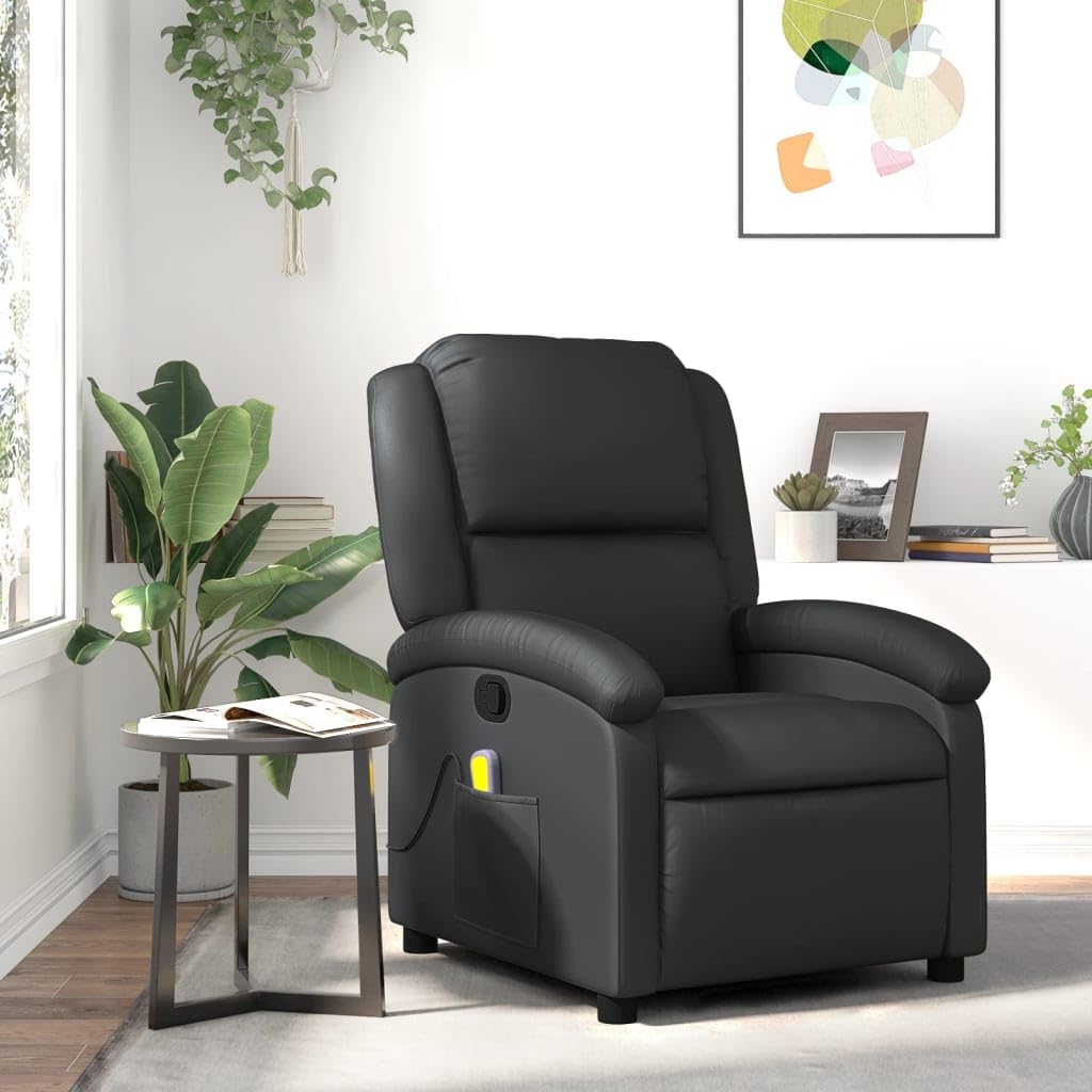 'vidaXL Massage Recliner Chair with Manual Recline & Vibration Function, Real Leather, Comfortable Seat Experience, Convenient Side Pocket, Black