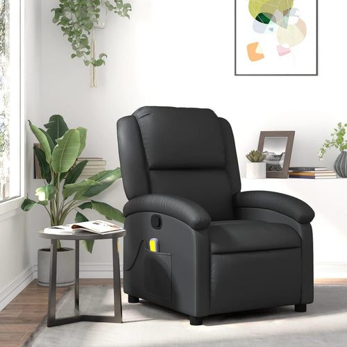 'vidaXL Massage Recliner Chair with Manual Recline & Vibration Function, Real Leather, Comfortable Seat Experience, Convenient Side Pocket, Black