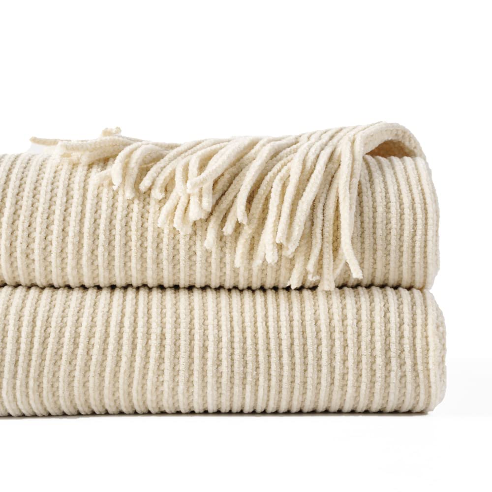 Battilo Home Beige Throw Blanket For Couch, Soft Chenille Knit Throws With Tassels For Home Decor, Spring Beige Throws For Couch