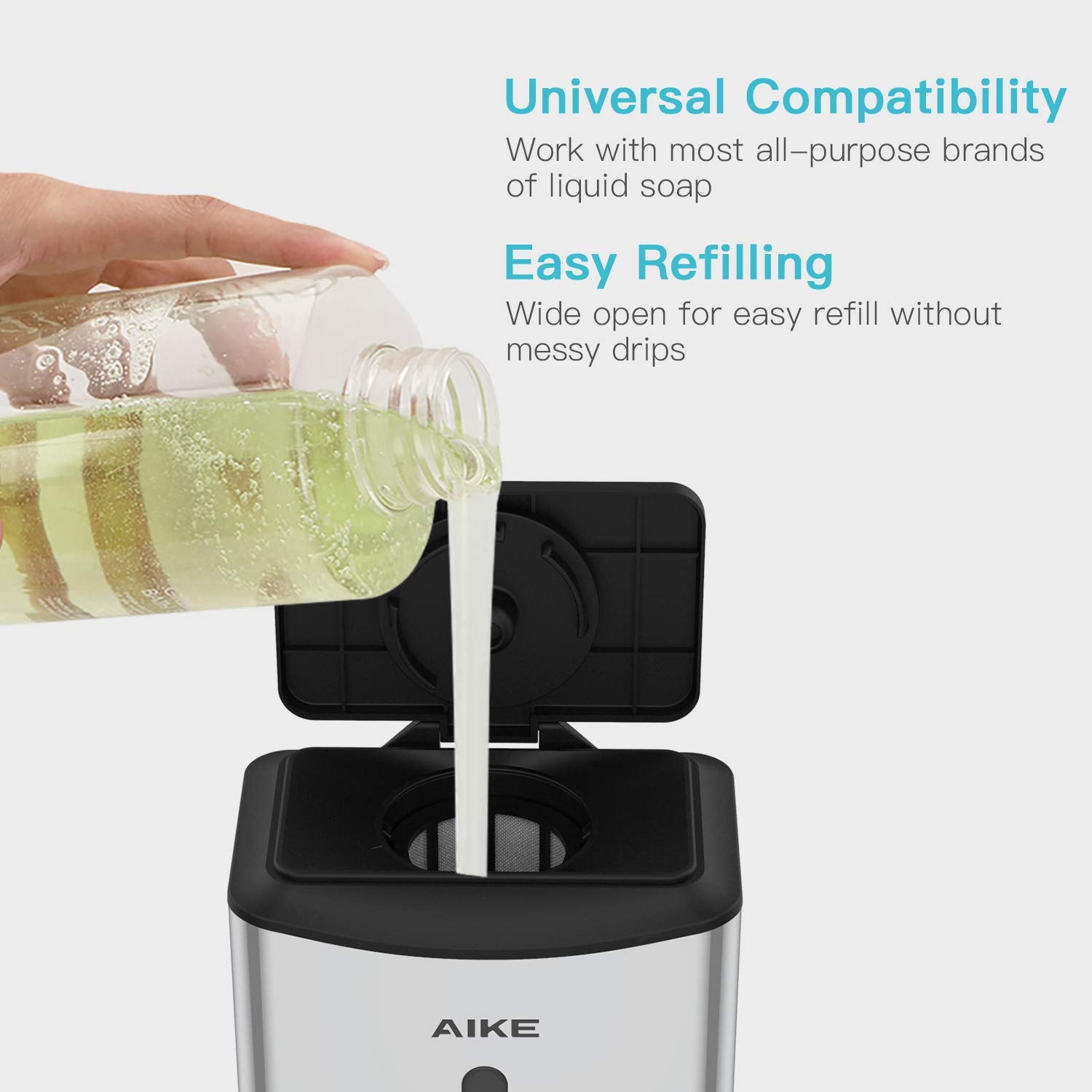 Aike Automatic Soap Dispenser Commercial Wall Mounted Liquid Dispenser Polished Stainless Steel Finish 1100Ml Large Capacity