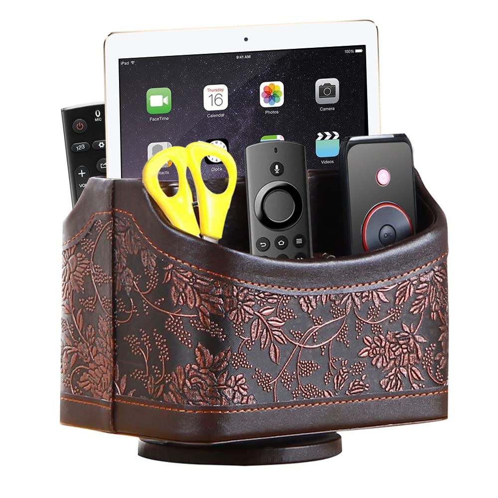 Yapishi Antique Leather Remote Control Holder, 360 Degree Spinning Desk Tv Remote Caddy/Box, Bedside Table Organizer For Control