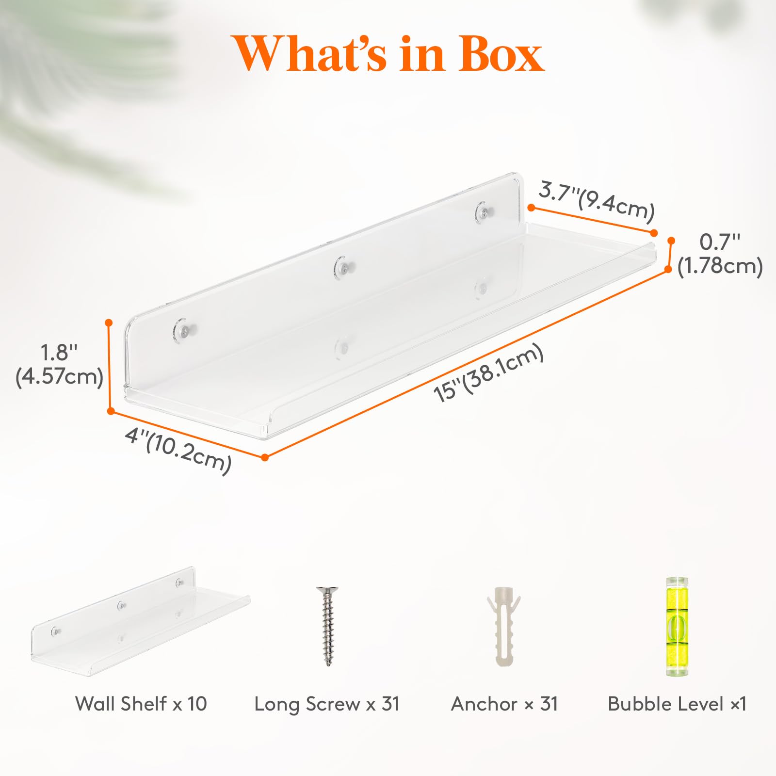 Lifewit Floating Shelves For Wall, 10 Pack Clear Acrylic Shelf 15' Room Decor For Bookcase/Vinyl Record Display/Photo/Picture In Bedroom, Living Room, Bathroom, Kitchen Storage And Organization