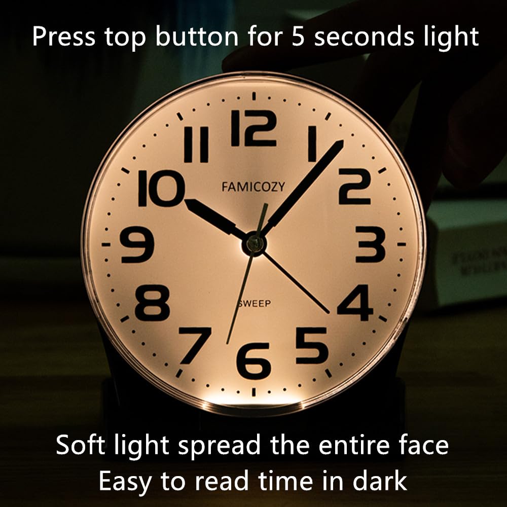 FAMICOZY Analog Alarm Clock Silent Readable Gradual Rise Alarm Big Numbers Black Hard Plastic Battery Operated