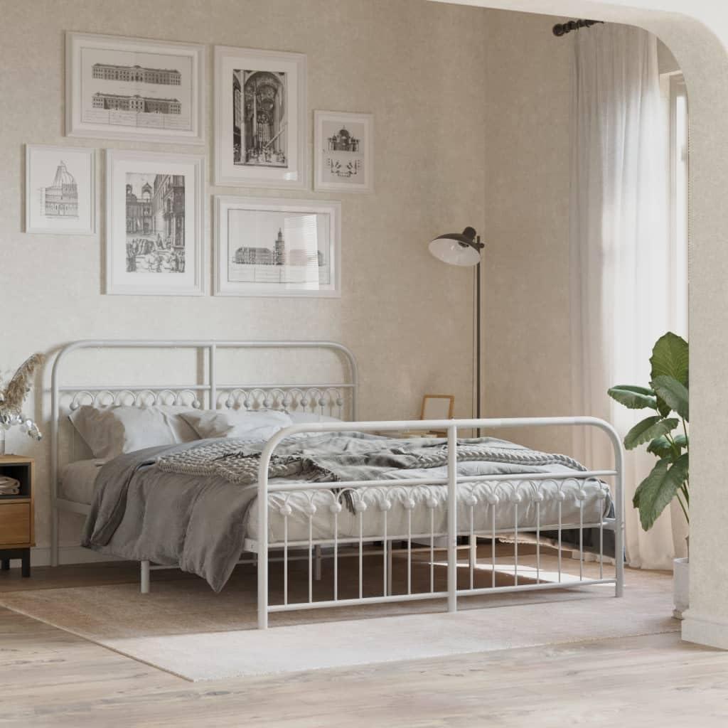 vidaXL Metal Bed Frame - 59.1x78.7 White - Durable Steel Frame with Headboard/Footboard - Extra Storage Space - Mattress Not Included