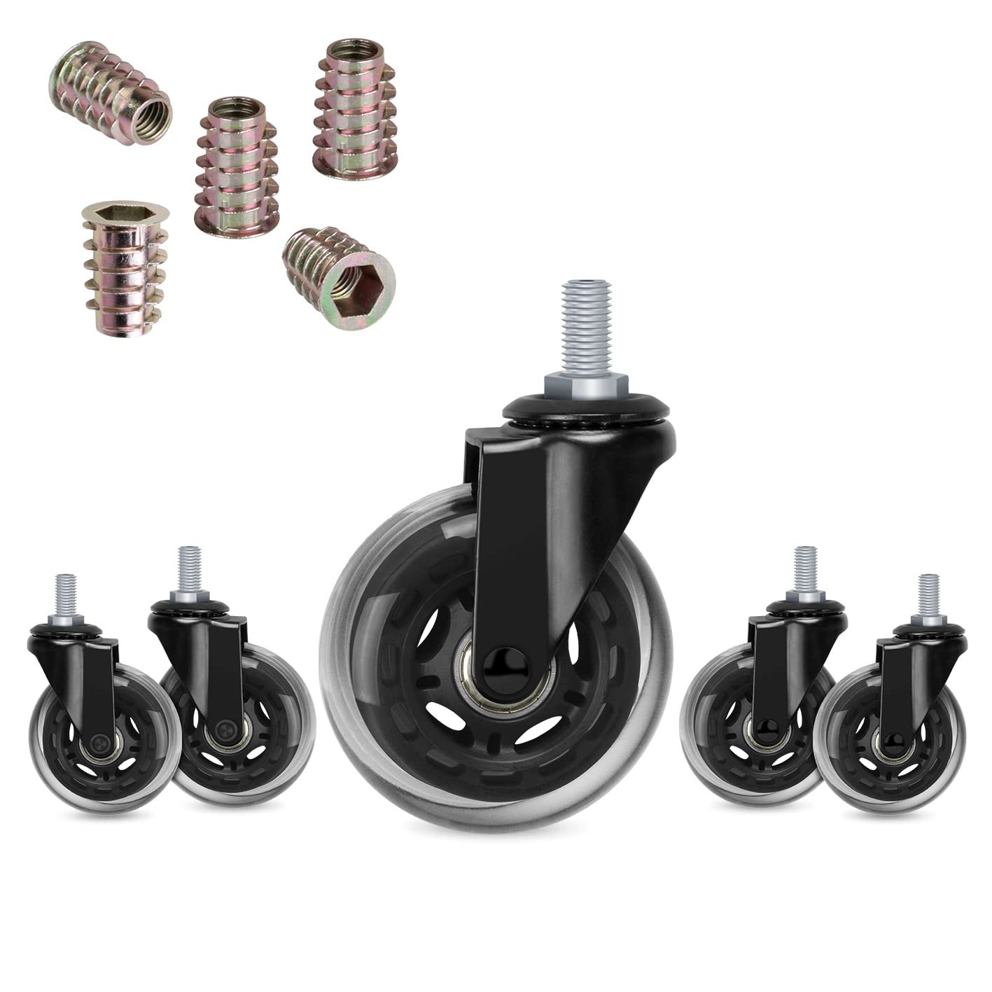 Hirate 3' Office Chair Casters Wheel with 3/8'-16UNC Threaded Stem Mute Gaming Chairs Casters Replacement Safe for Hardwood Ti