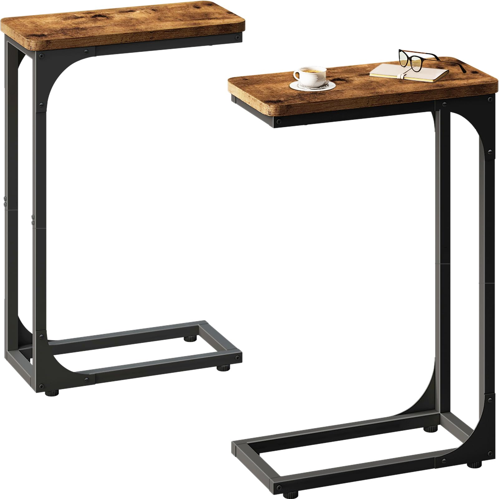 Qeeig Narrow C Shaped Side Table Set Of 2 Living Room Sets Slim Couch Tray Tables Skinny Thin Small Farmhouse 7 Inch Width, Rustic Brown (017-18Bn)