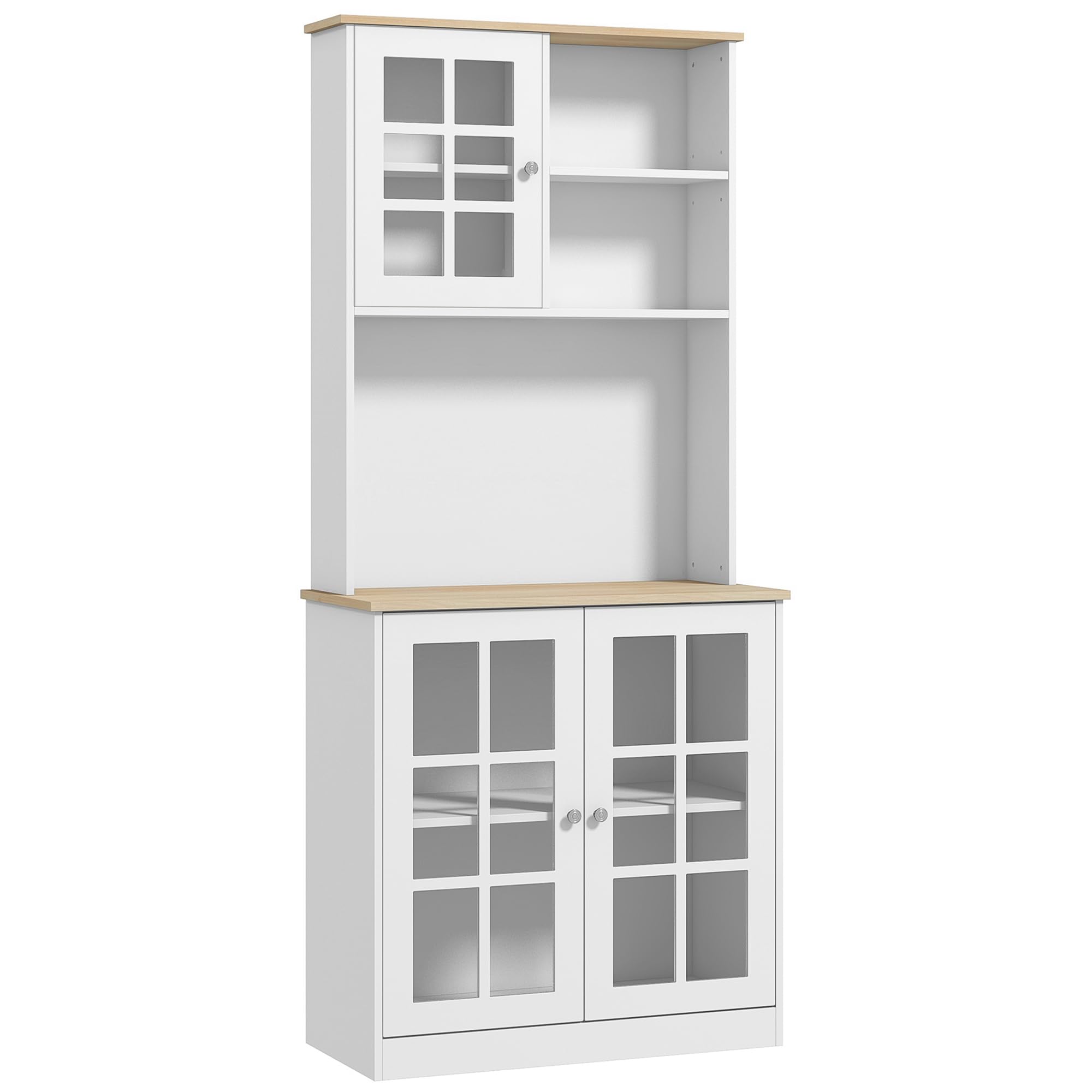 Homcom Kitchen Pantry Cabinet, 72' Freestanding Storage Cabinet With Hutch, Large Countertop, Glass Doors And Adjustable Shelves, Microwave Cabinet, Coffee Bar Cabinet For Dining Room, White