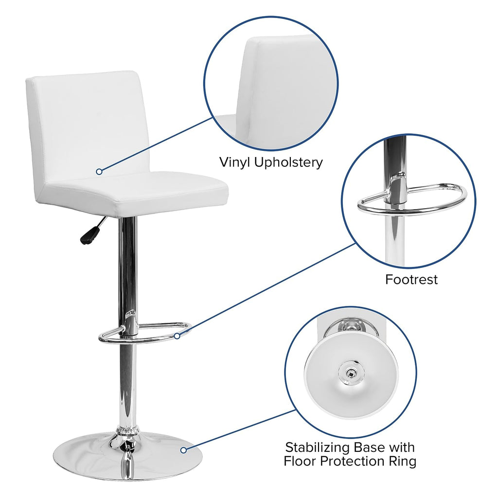 Flash Furniture Contemporary Vinyl Adjustable Height Barstool with Panel Back and Chrome Base, 1 Pack, White