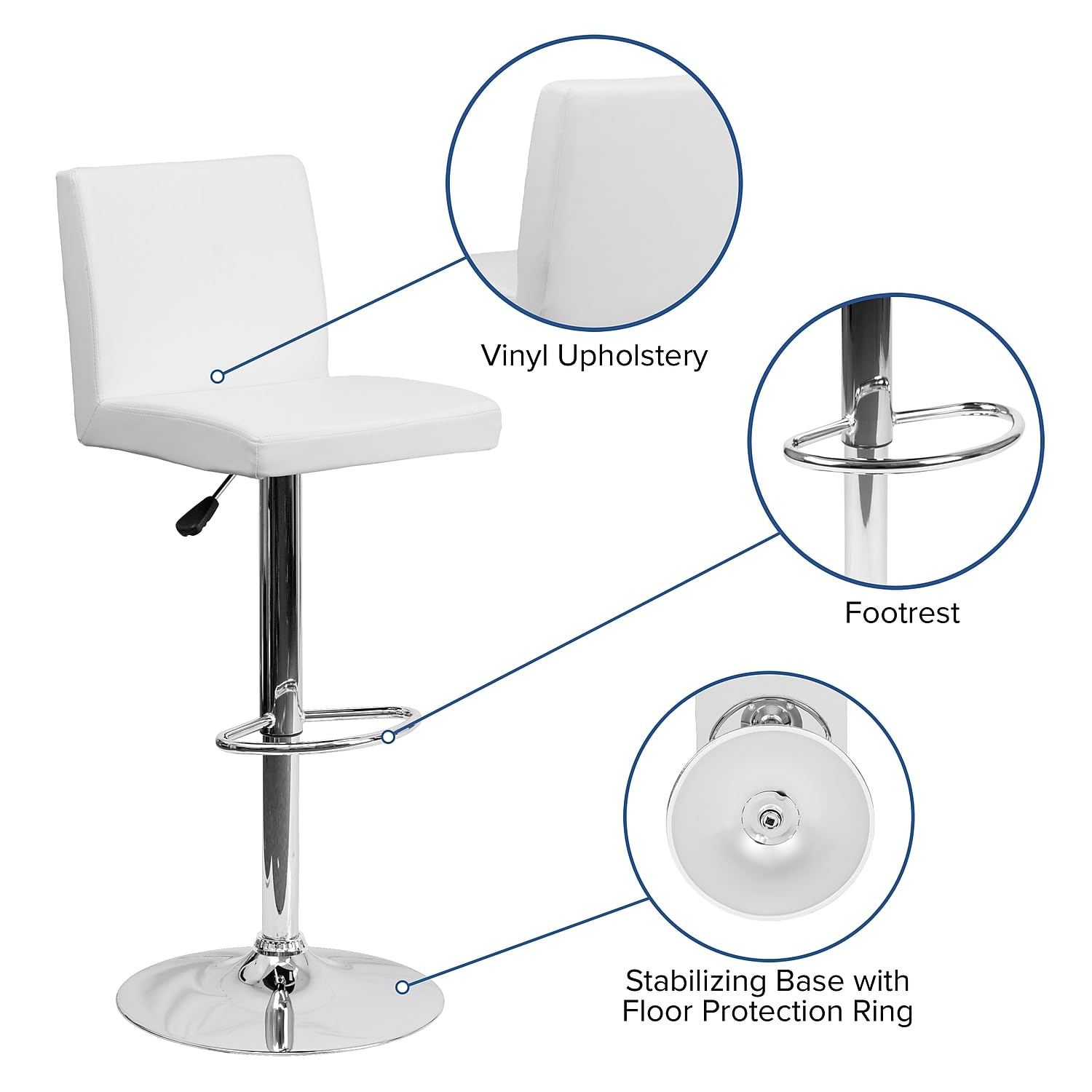 Flash Furniture Contemporary Vinyl Adjustable Height Barstool with Panel Back and Chrome Base, 1 Pack, White