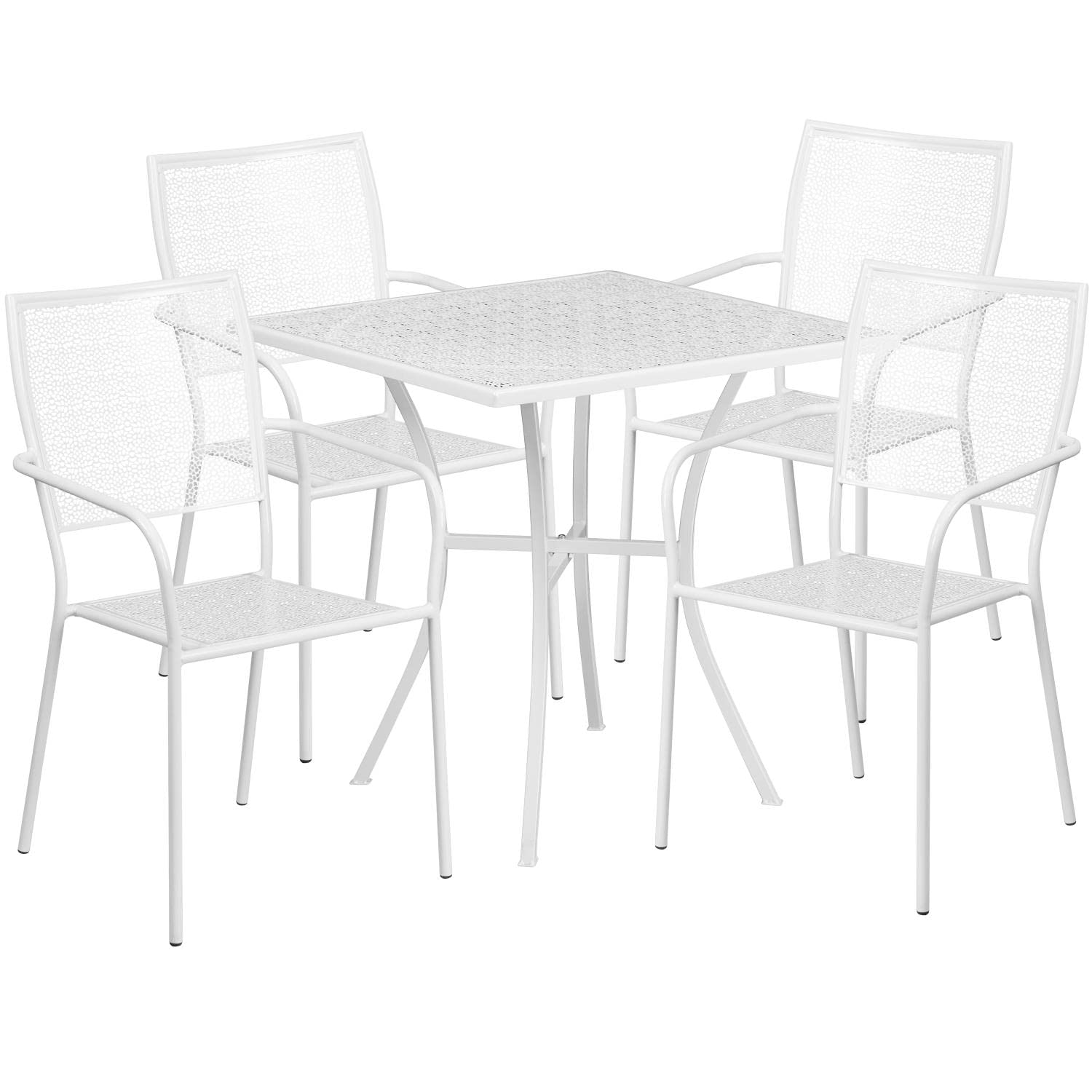 Flash Furniture Oia Commercial Grade 28 Square White Indoor-Outdoor Steel Patio Table Set with 4 Square Back Chairs