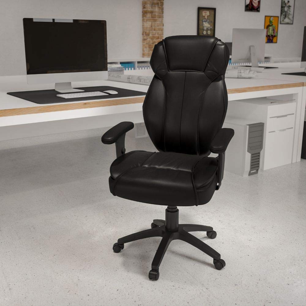 Flash Furniture Hansel High Back Black LeatherSoft Multifunction Executive Swivel Ergonomic Office Chair with Lumbar Support Knob with Arms