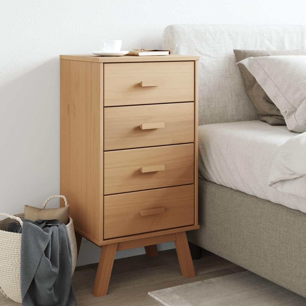 vidaXL Olden Brown Solid Pine Wood Bedside Cabinet - 4-Drawer Nightstand with Wooden Feet, Wax Finish, Scandinavian Bedroom Storage