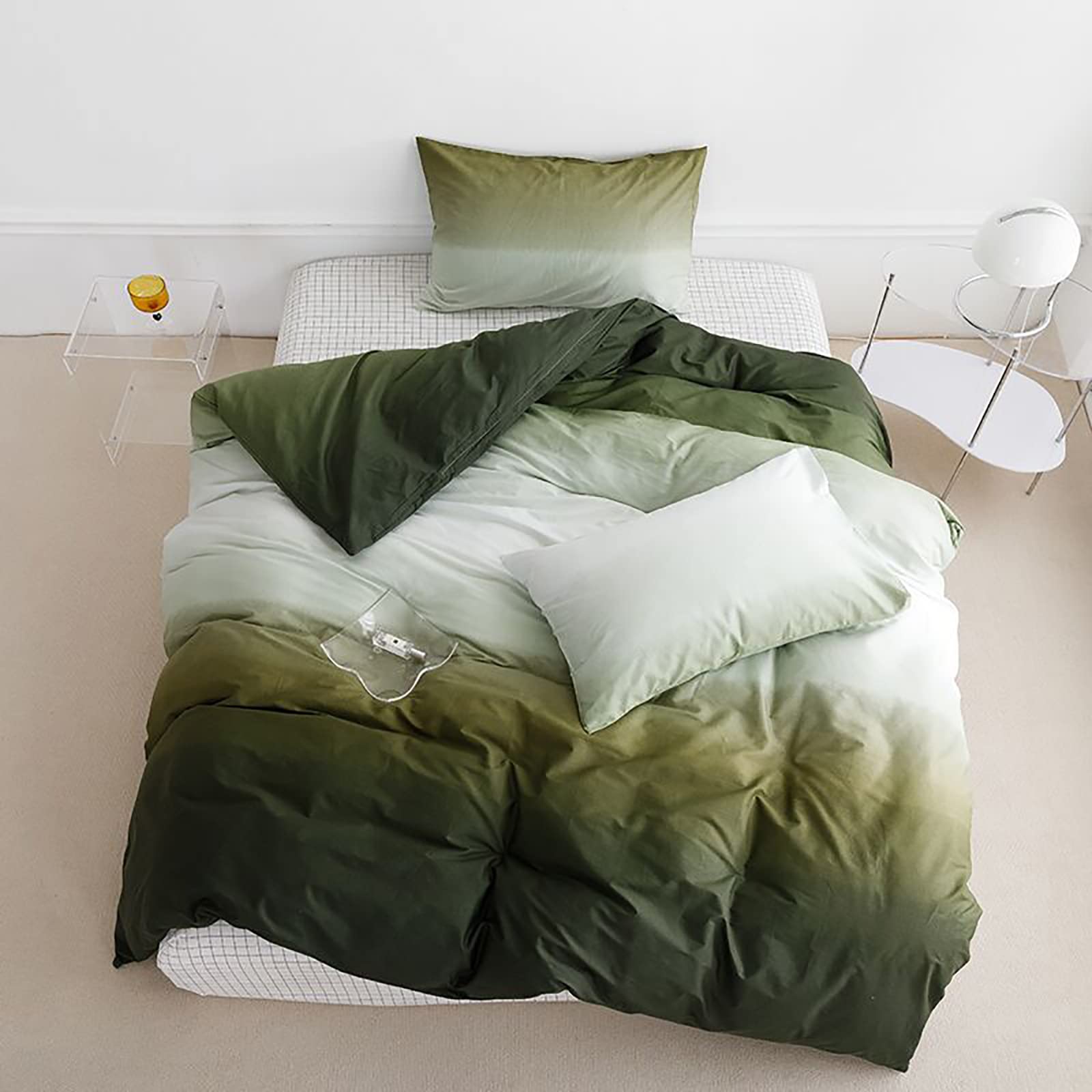 Luxlovery Dark Green Comforter Set King Army Green And White Bedding Comforter Set Gradient Color Bedding Set Soft Breathable Bl
