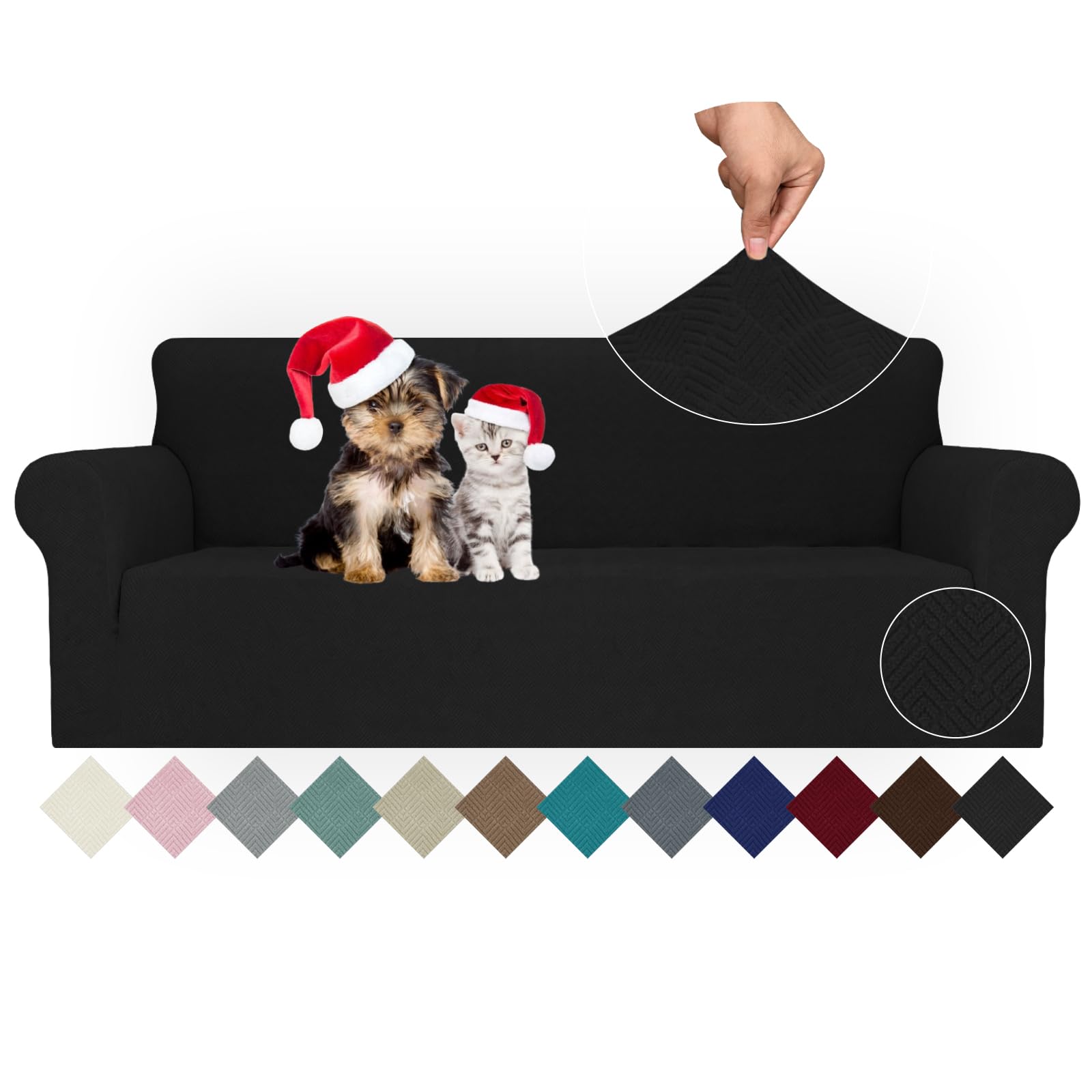 Jiviner Stretch Sofa Covers 1 Piece Couch Covers For 3 Cushion Couch Sofa, 3 Seater Sofa Slipcovers Furniture Protector With Elastic Bottom For Kids, Pets (Black, Sofa)