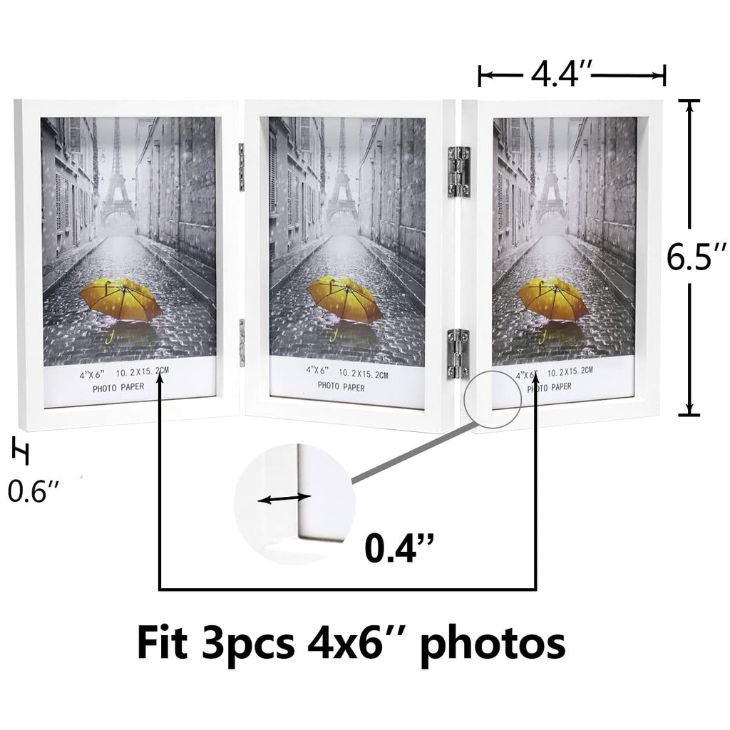 3 Picture Frame 4X6 Triple Hinged Mdf Wood With Glass Front Three Opening Photo Frame Stand Vertical On Tabletop, White