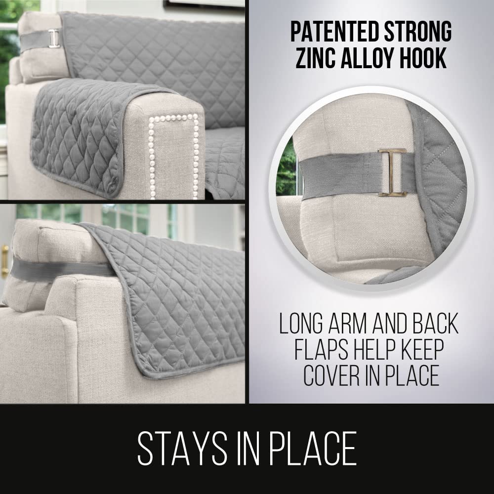 Sofa Shield Chair Slip Cover With Patented Strap, Cushion Protector, Reversible Stain And Dog Tear Resistant Slipcover, Quilted Microfiber 48” Seat, Washable Covers For Dogs Pets Kids Lt Gray Charcoal