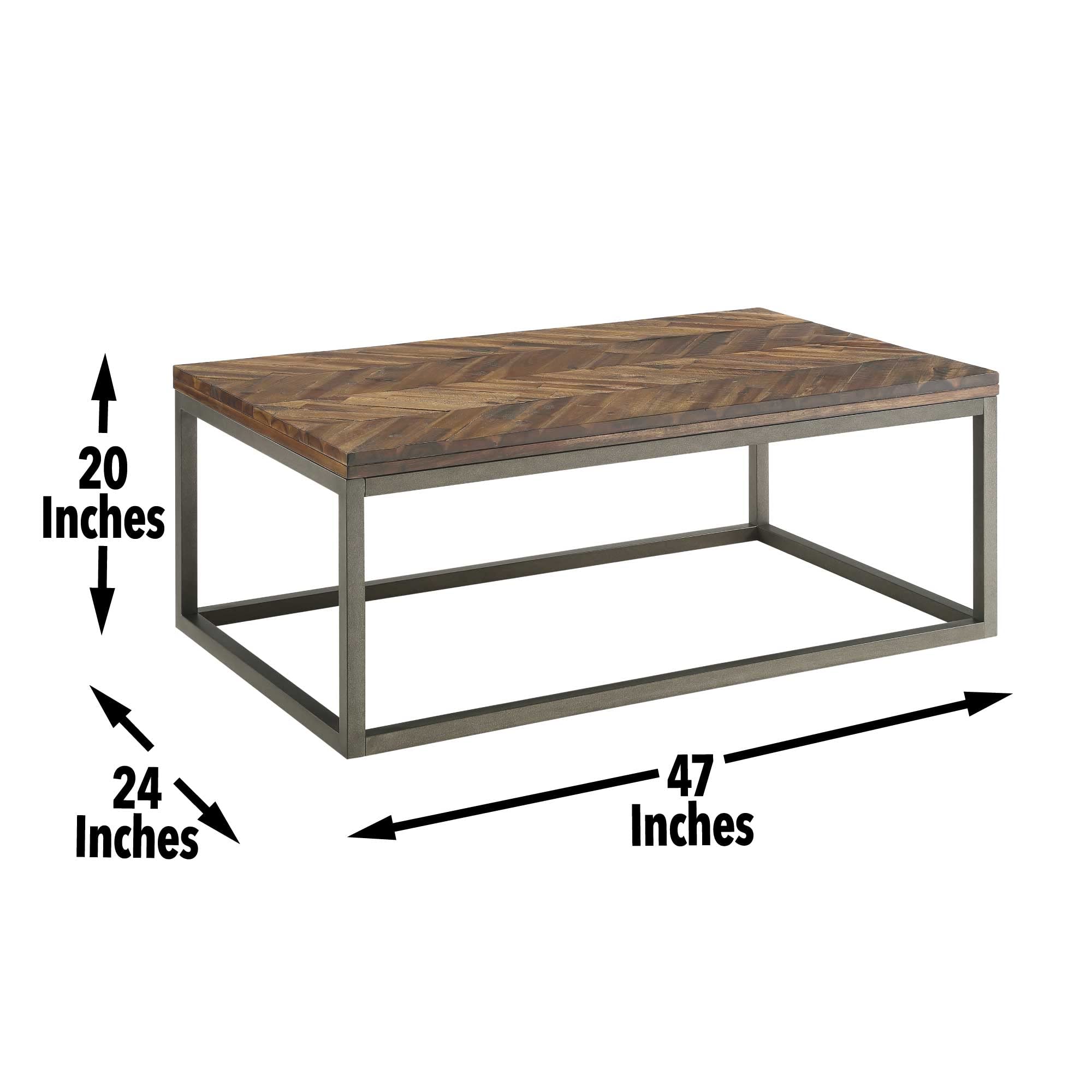 Steve Silver Lorenza Rustic Coffee Natural Honey, Acacia Wood Top, Metal Base, Distressed Chevron Pattern Cocktail Table, Nickel