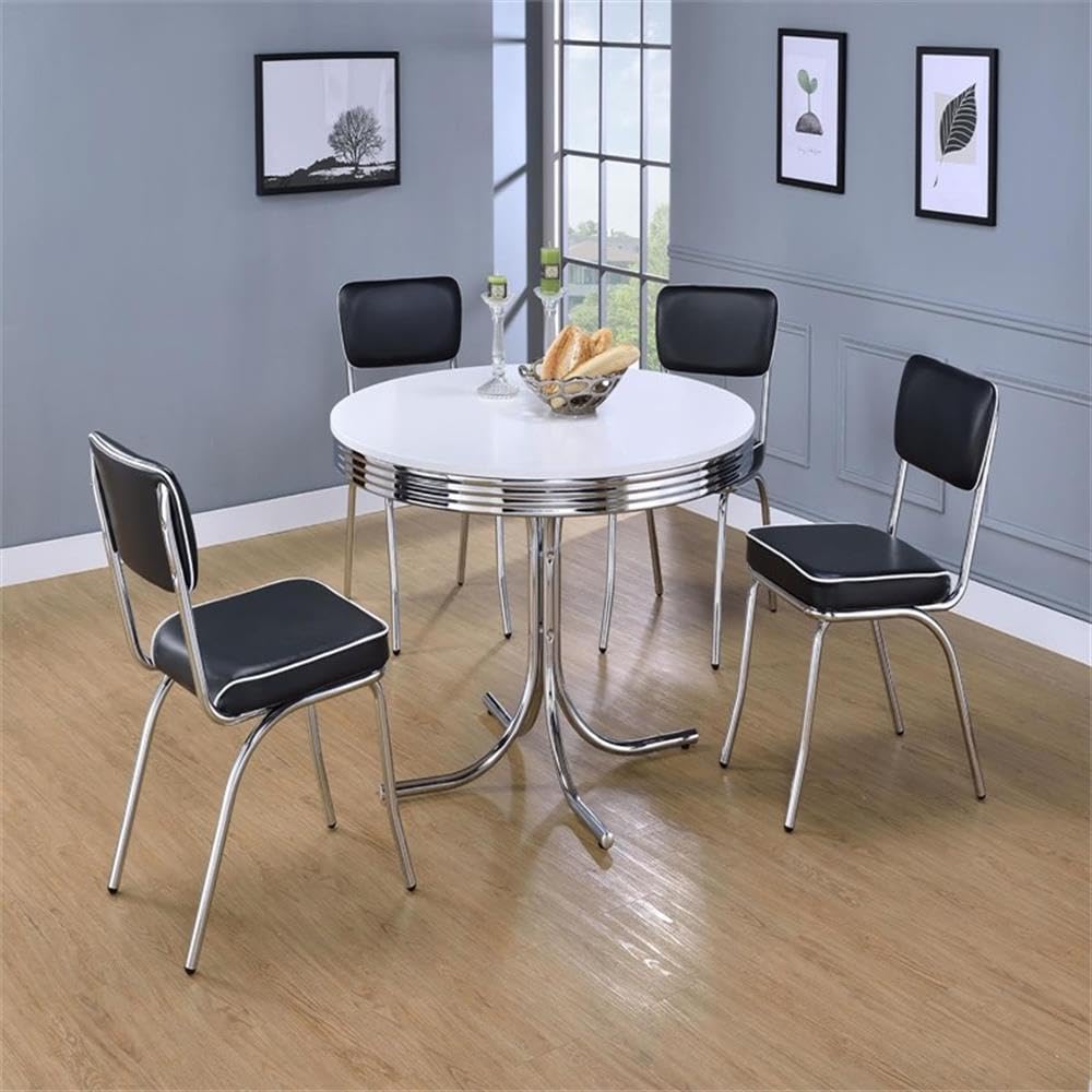 Coaster Home Furnishings Retro 1950s Soda Fountain Diner Round Dining Room Table White Laminate Top Sturdy Steel Chrome Base 2388