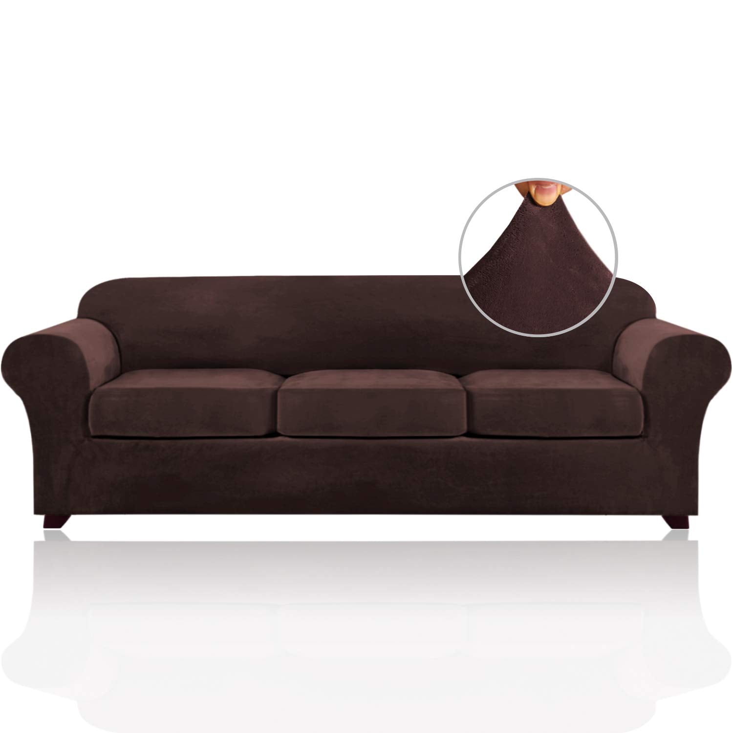 4 Pieces Sofa Covers Stretch Velvet Couch Covers For 3 Cushion Sofa Slipcovers Soft Sofa Slip Covers Furniture Covers With 3 Individual Seat Cushion Covers, Machine Washable (X-Large, Brown)