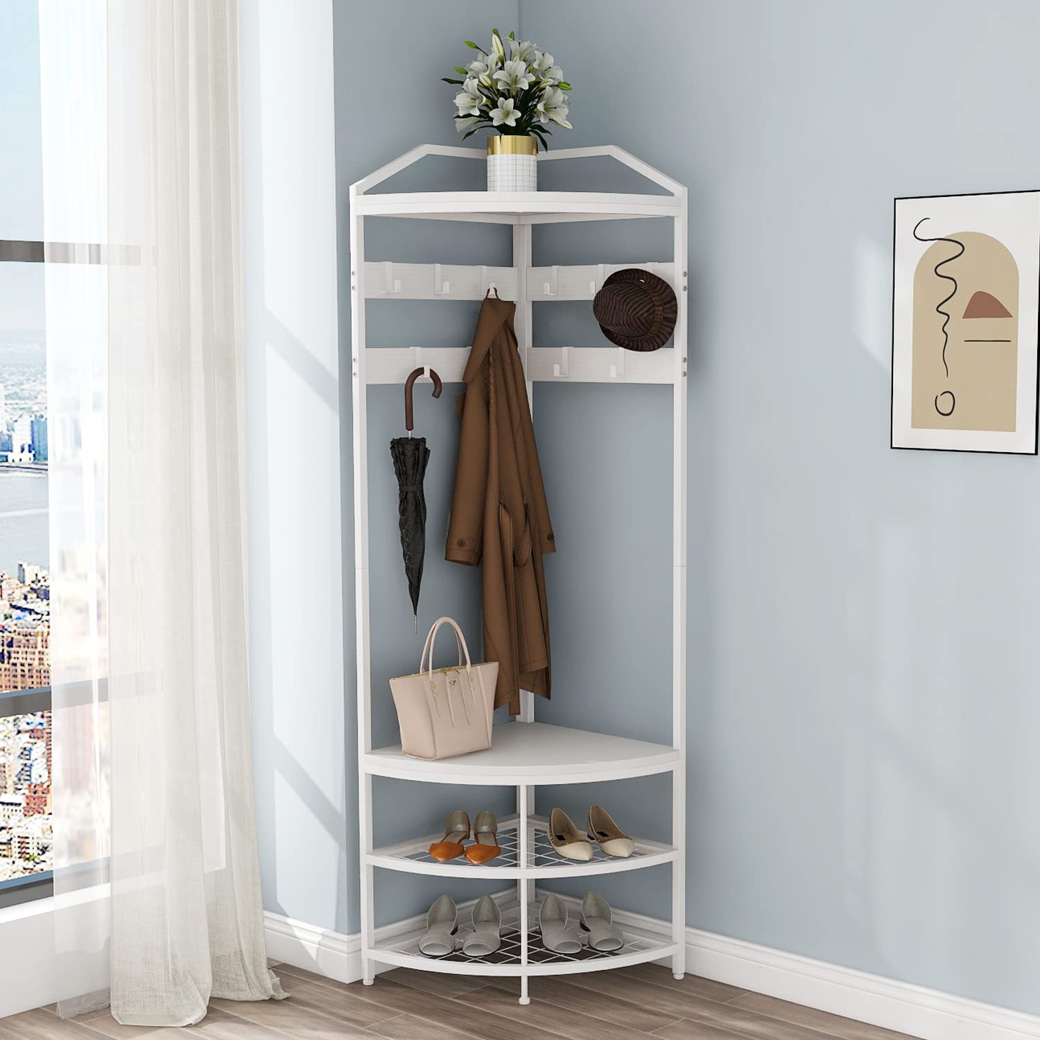 Giftgo Modern Black Entryway Corner Hall Tree With Shoe Bench Entryway Coat Rack With 10 Metal Movable Hooks Wooden Clothes Rack Shoes Shelf Organizer For Home Office Bedroom (Black)