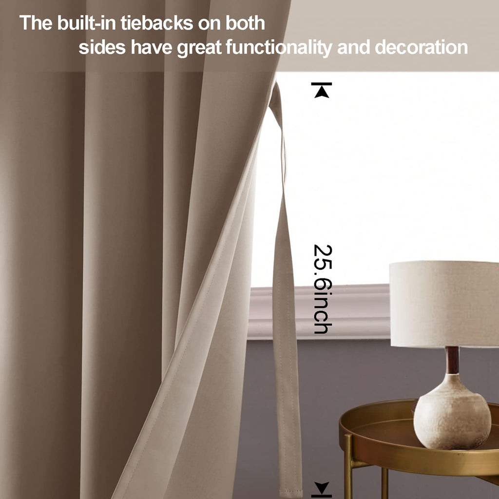 Jiuzhen Taupe Blackout Curtains With Tiebacks - Thermal Insulated, Light Blocking And Noise Reducing Grommet Curtains For Bedroom And Living Room, Set Of 2 Window Curtain Panels, 42 X 84 Inch Length