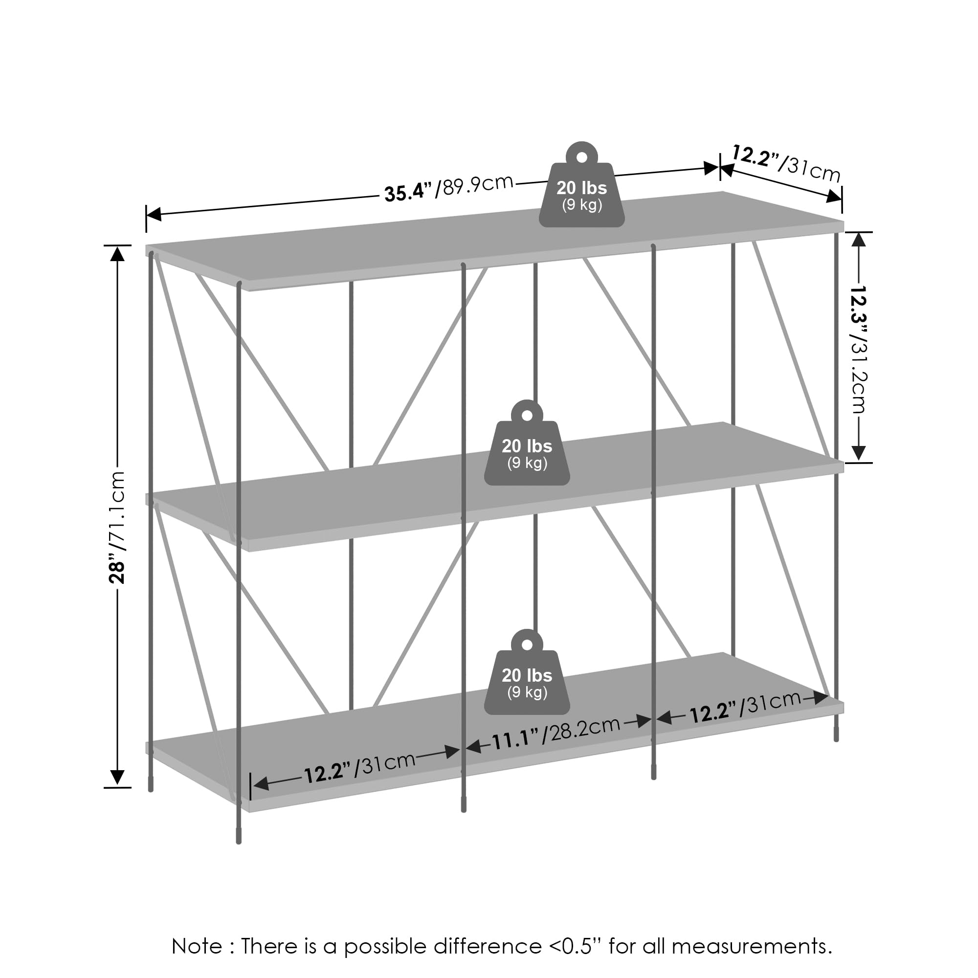Furinno Wire 3-Tier Industrial Style Metal Frame Bookcase, Display Shelf, 35 Wide, Walnut Cove