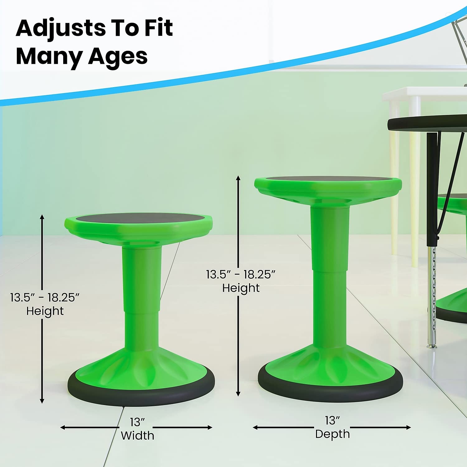 Flash Furniture Carter Adjustable Height Active Learning Stool for Classrooms, Backless Wobble Stool with 360-Degree Swivel, 14" - 18" H, Green