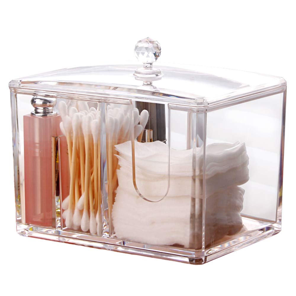Watpot Qtip Cotton Pad Holder Dispenser Cotton Ball and Swab Storage with Lid Clear Acrylic Cotton Round Organizer, 4 Sections