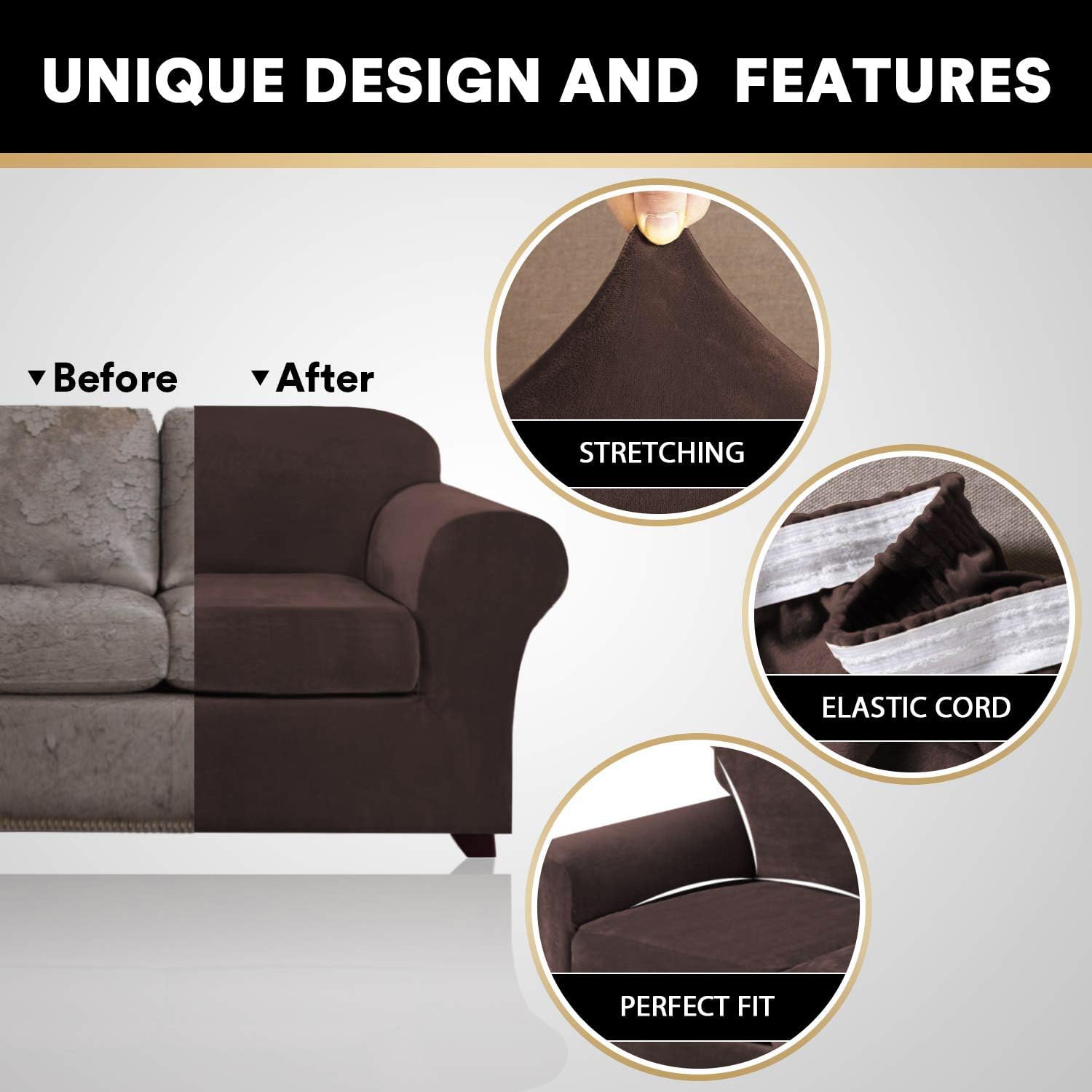 4 Pieces Sofa Covers Stretch Velvet Couch Covers For 3 Cushion Sofa Slipcovers Soft Sofa Slip Covers Furniture Covers With 3 Individual Seat Cushion Covers, Machine Washable (X-Large, Brown)