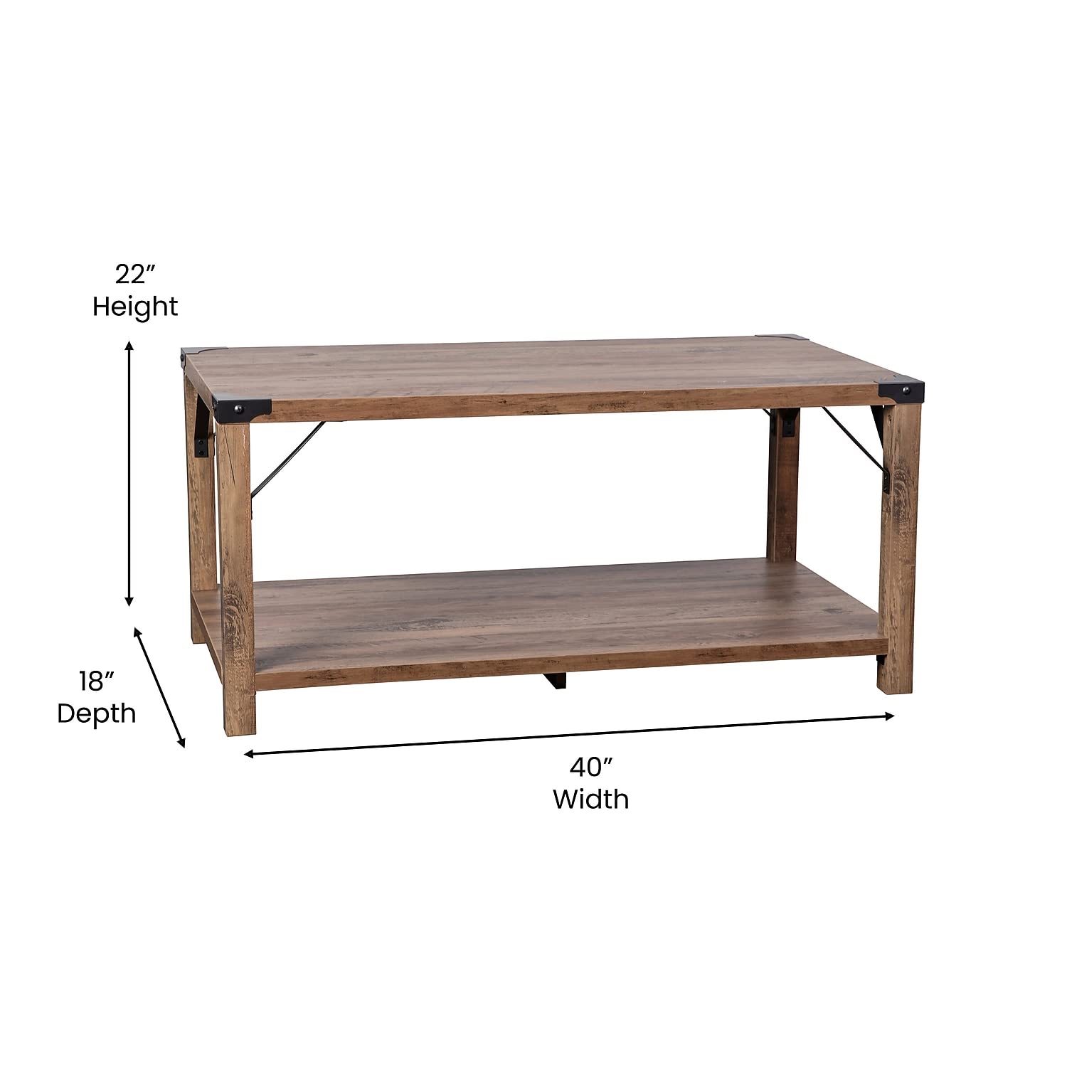 Flash Furniture Wyatt Modern Farmhouse 2 Tier Coffee Table - Rustic Oak Engineered Wood Frame - Black Metal Crisscross Side Braces and Corner Accents