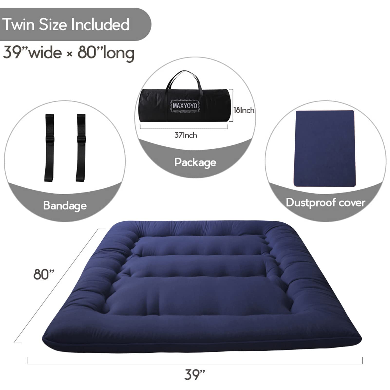 Maxyoyo Japanese Floor Mattress Futon Mattress, Thicken Tatami Mat Sleeping Pad Foldable Roll Up Mattress Boys Girls Dormitory Mattress Pad Kids Floor Lounger Pillow Bed, Navy, Twin Size