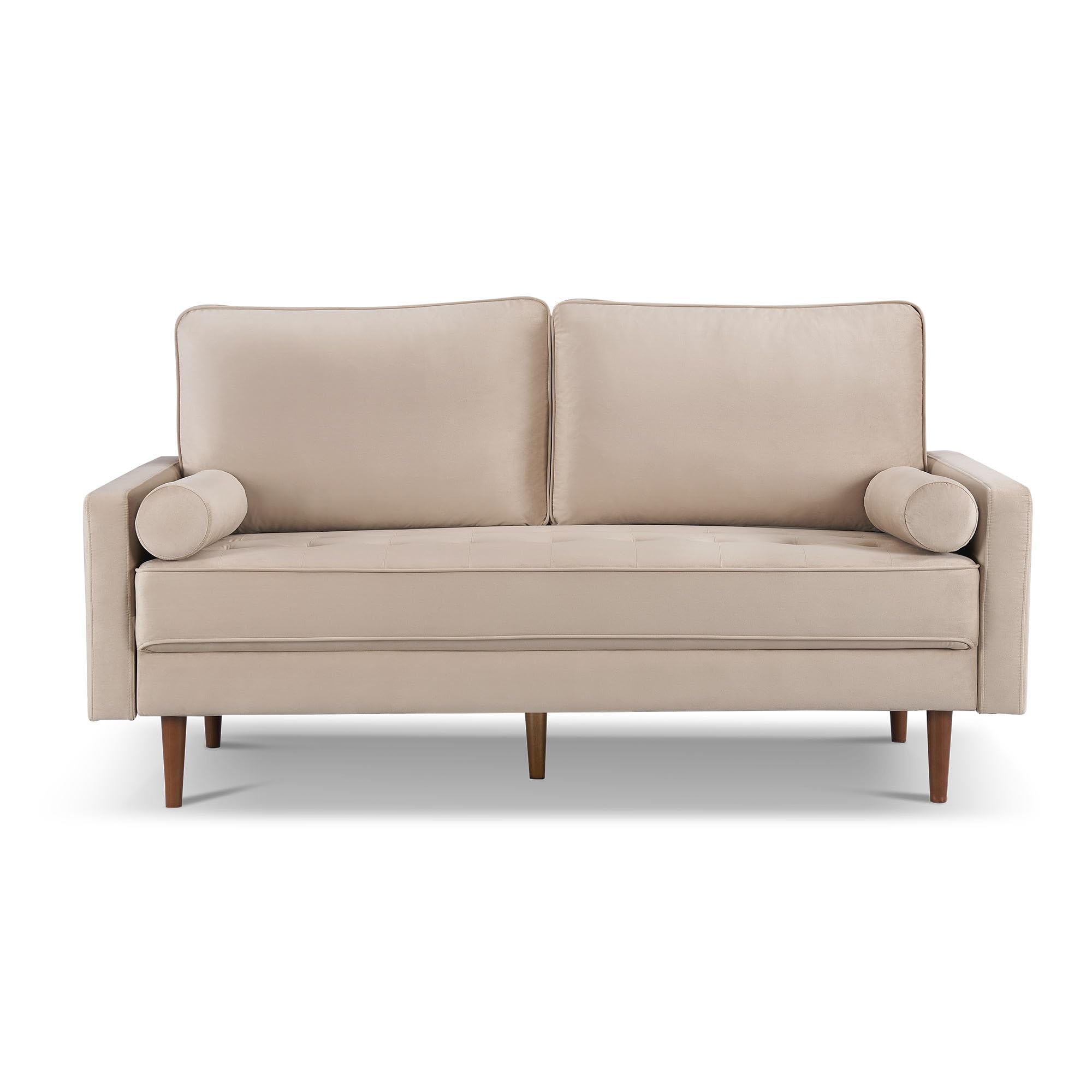 American Furniture Classics Beige 69 Inch Wide Upholstered Two Cushion Sofa with Bolster Pillows Velvet, 69" x 32" x 37"