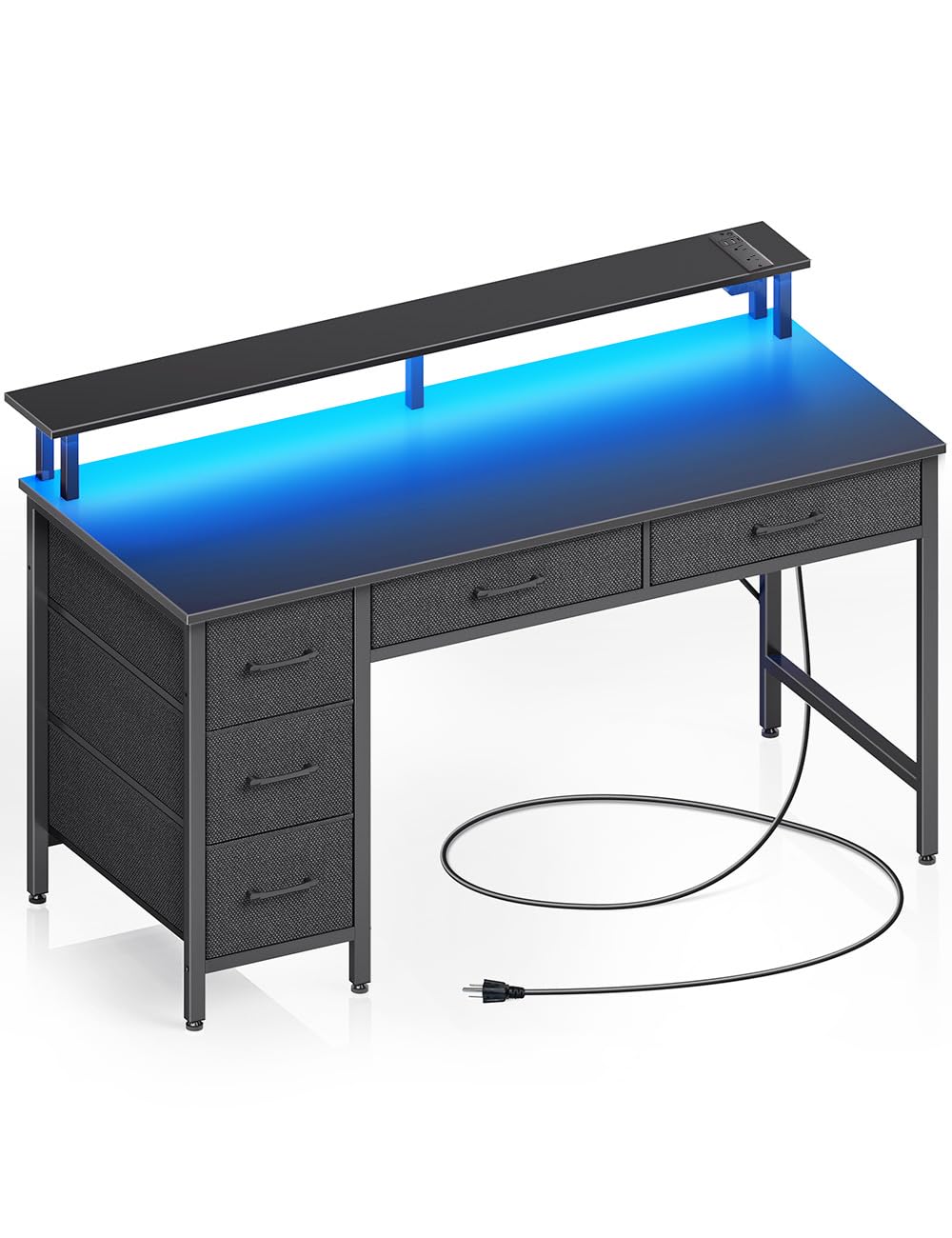 Seventable Computer Desk With Power Outlets & Led Light, 55 Inch Home Office Desk With 5 Drawers, Writing Desk With Monitor Stand, Work Desk For Home Office, Black