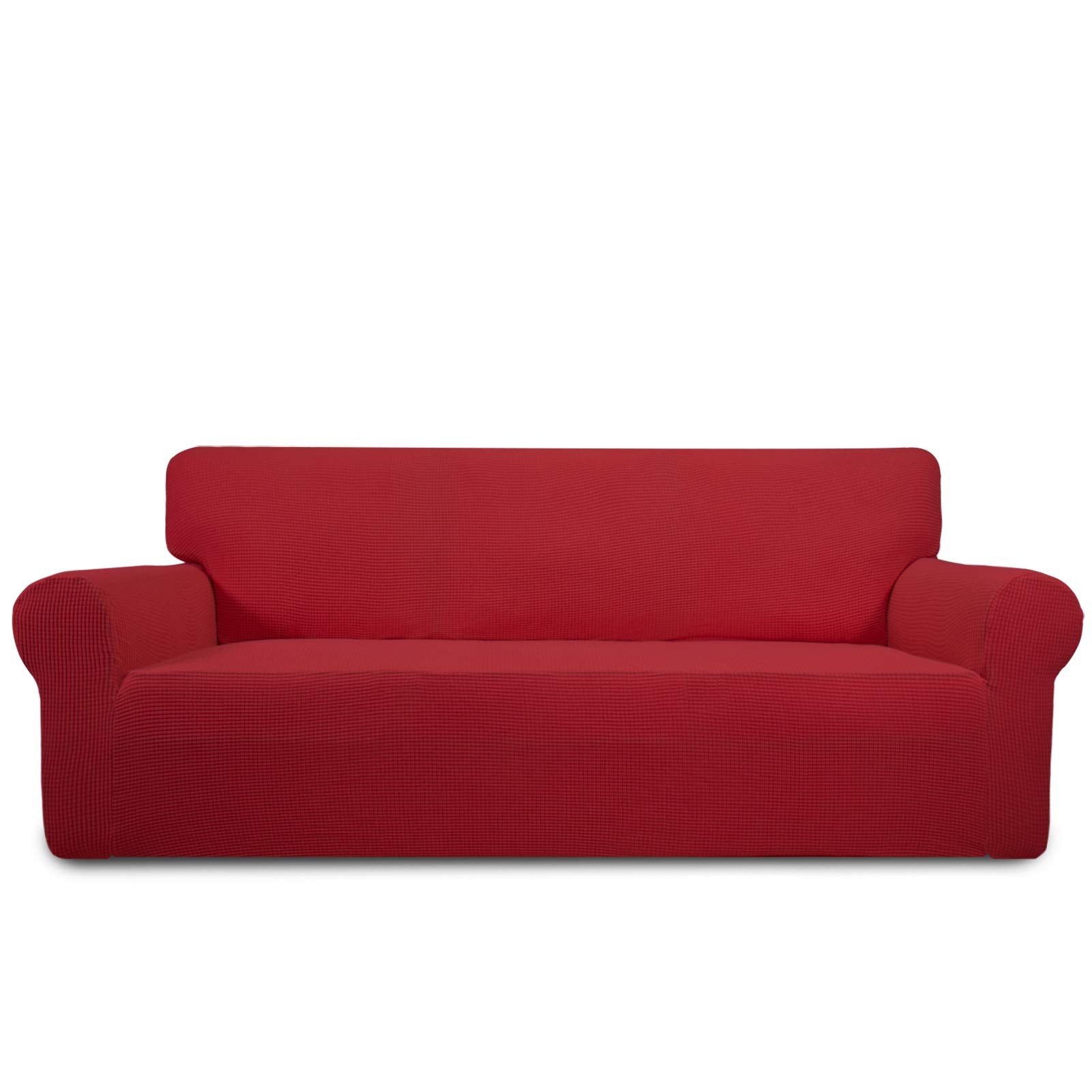 Purefit Stretch Sofa Slipcover – Spandex Jacquard Non Slip Soft Couch Sofa Cover, Washable Furniture Protector With Non Skid Foam And Elastic Bottom For Kids (Sofa, Red)