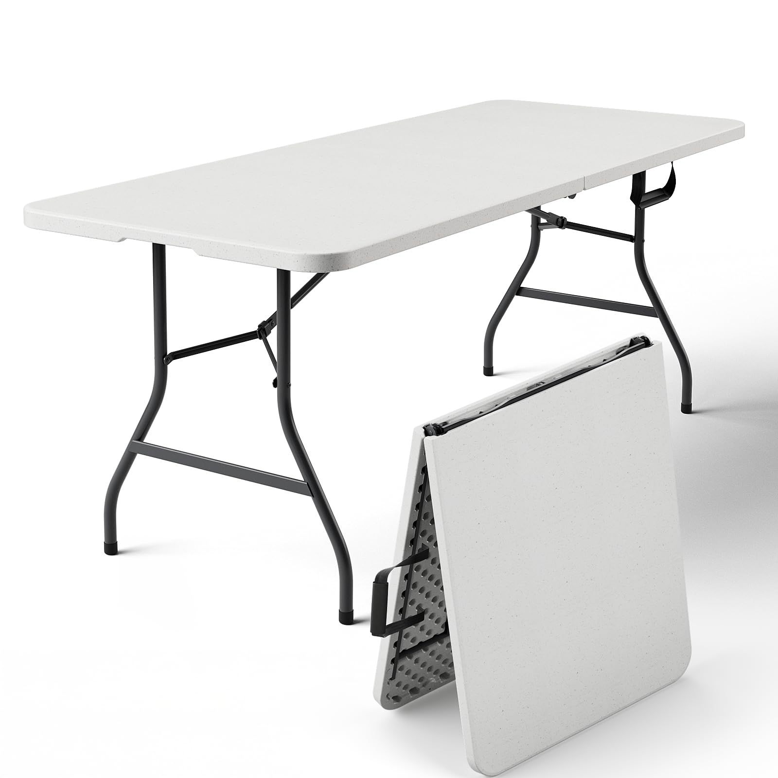 FurniEdge 6ft Folding Table with Handle, Heavy Duty Plastic Table, 300 lbs Portable Table, Reinforced Steel Legs, High Density P
