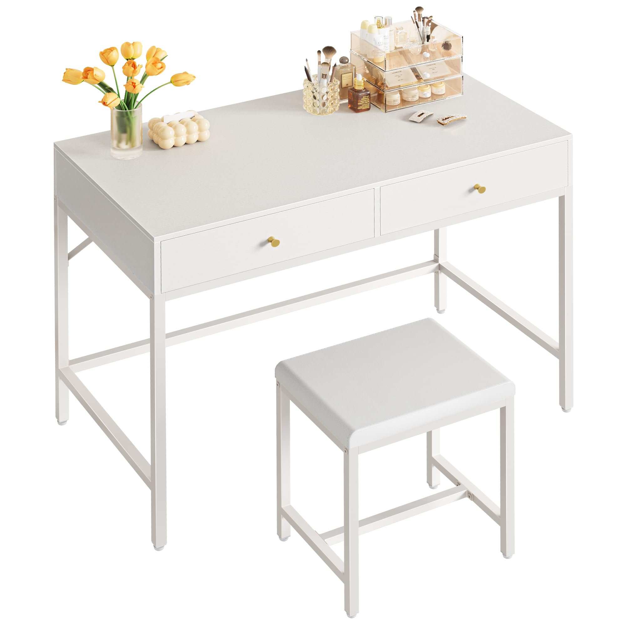 SUPERJARE 35.4'' White Desk with 2 Drawers, Modern Makeup Vanity Desk with Padded Stool, Small Computer Desk Home Office Desk fo