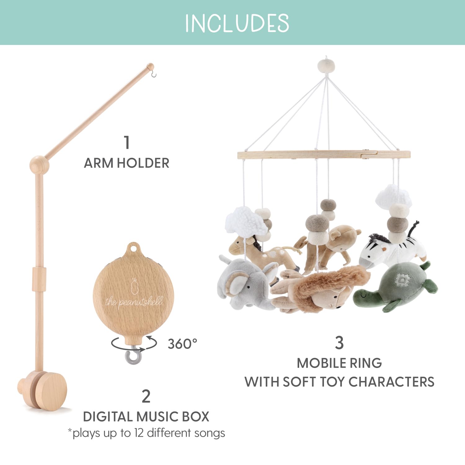 The Peanutshell Safari Crib Mobile For Boys Or Girls, Wooden Musical Baby Mobiles With 12 Lullabies, Elephant, Giraffe, Zebra, M