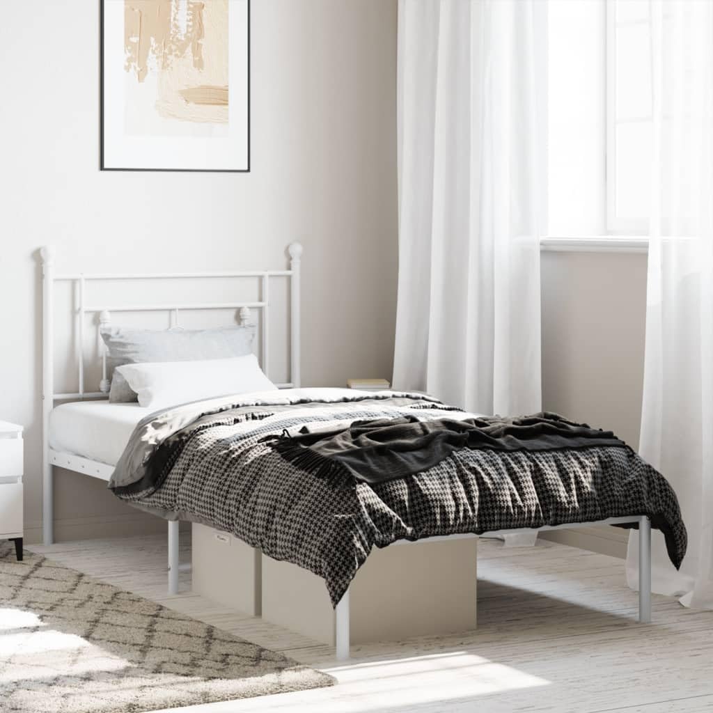 vidaXL Metal Bed Frame with Supportive Headboard and Extra Storage - Suitable for 39.4x78.7 Mattress, Powder-Coated Steel Construction, White