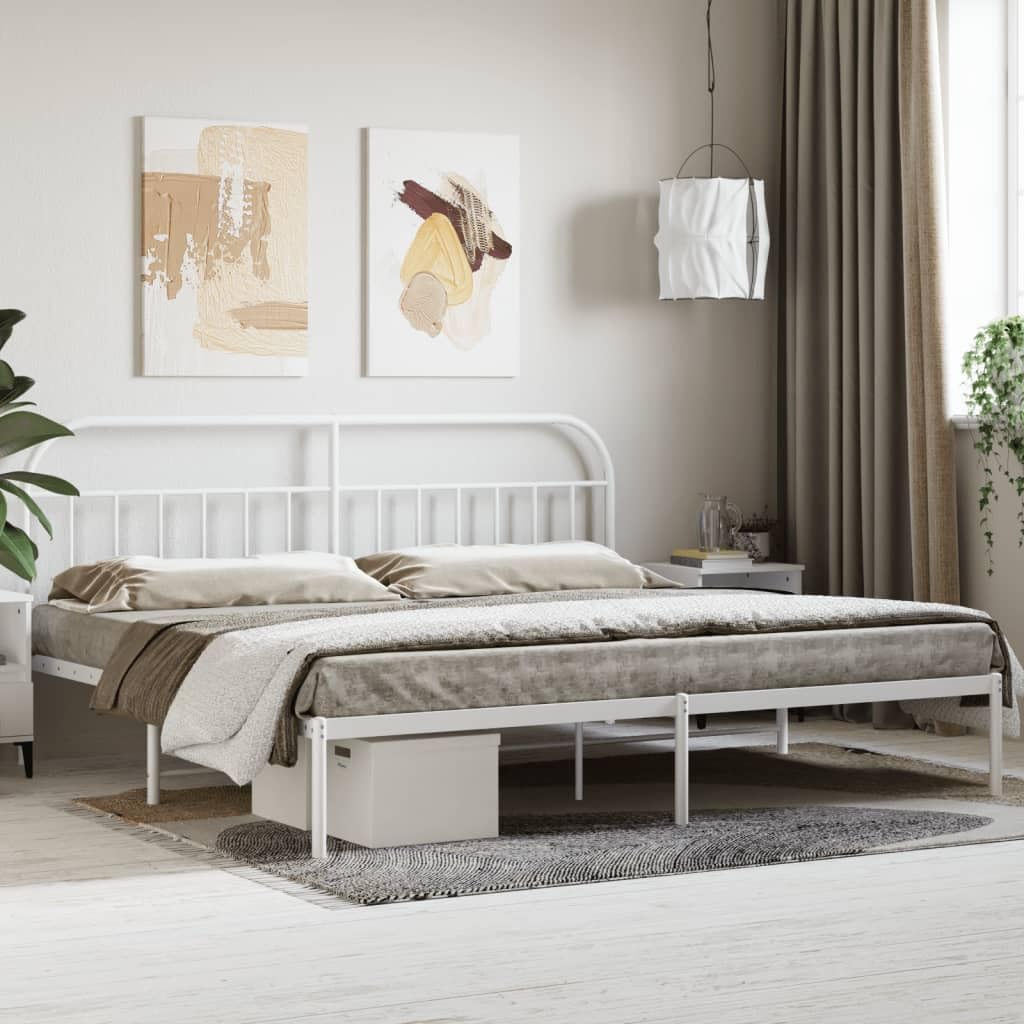 vidaXL 12 Inch White King Size Bed Frame with Headboard, Sturdy Metal Platform Bed Frame & Slats, Extra Under Bed Storage, No Box Spring Needed, Without Mattress