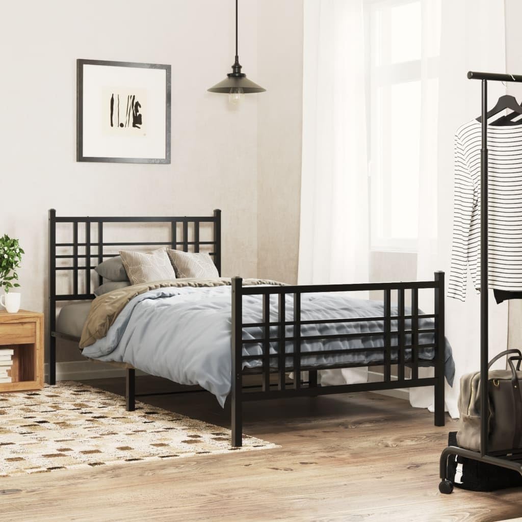vidaXL Single Metal Bed Frame - Black, Steel Construction, Central Leg Support, Headboard, Footboard, Underbed Storage Space