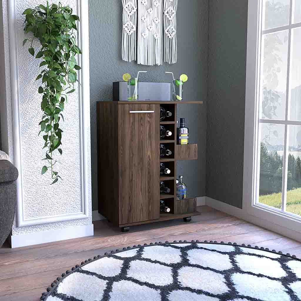 DEPOT E-SHOP Magda 32-inch Tall Bar Cart with Cabinet, 2 Interior Shelves, 2 Open Shelves, and 6 Wine Cubbies, Dark Walnut