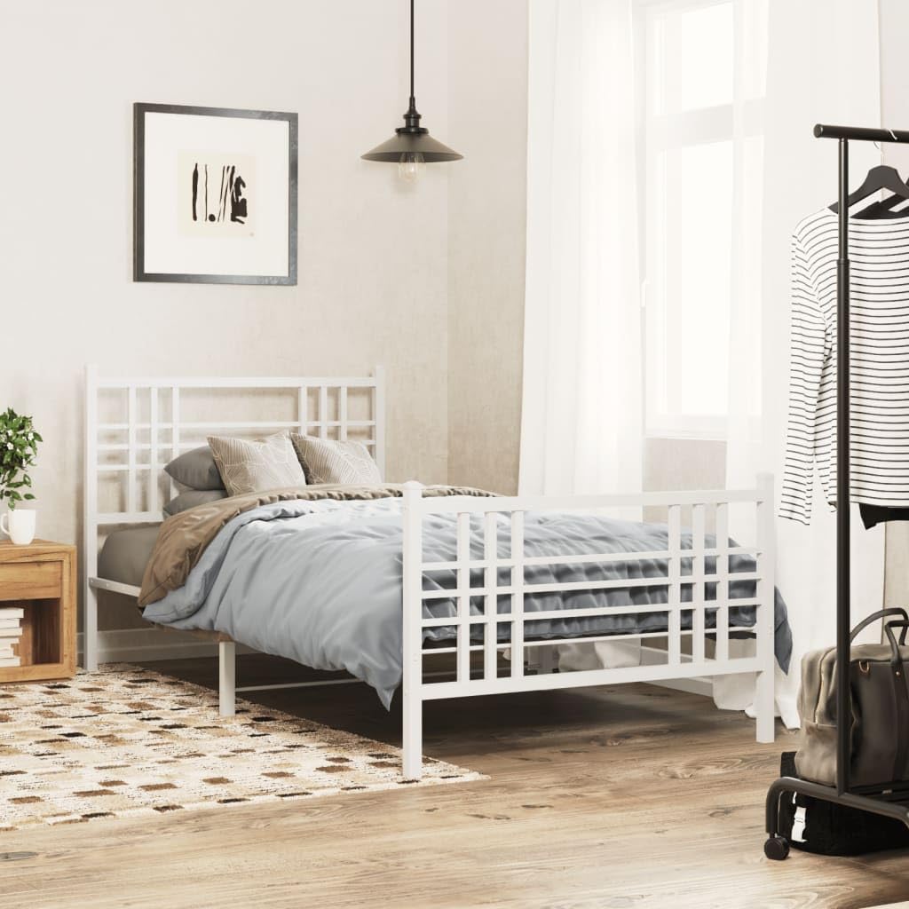 vidaXL Steel Single Bed Frame - White 39.4x78.7 with Headboard, Footboard & Underbed Storage, Bedroom Furniture