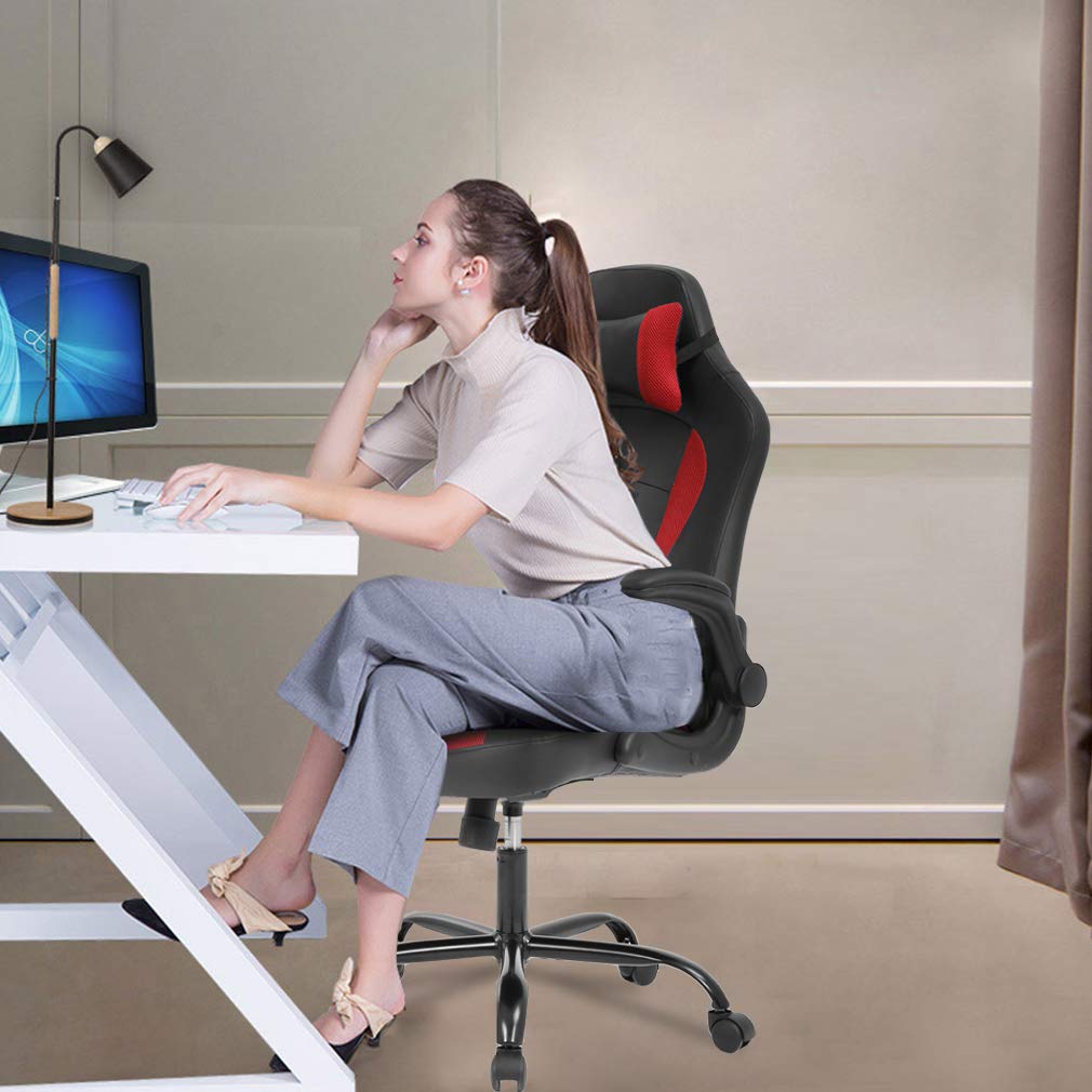 Bestoffice Pc Gaming Chair Ergonomic Office Chair Desk Chair With Lumbar Support Flip Up Arms Headrest Pu Leather Executive High Back Computer Chair For Adults Women Men (Red)