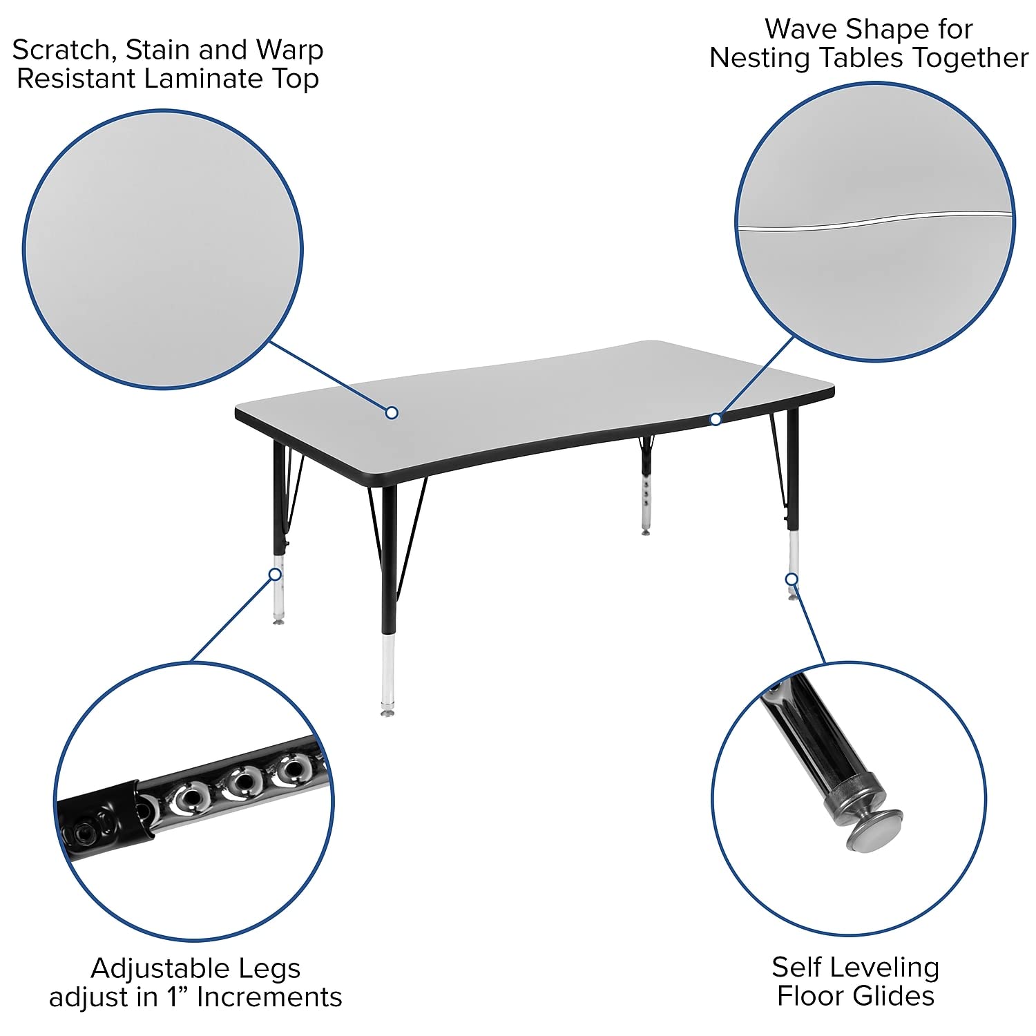 Flash Furniture 76" Oval Wave Collaborative Laminate Activity Table Set With 14" Student Stack Chairs, Grey/Black