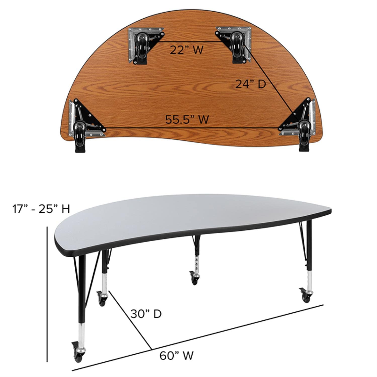 Flash Furniture Emmy 3 Piece Mobile 86" Oval Wave Flexible Grey Thermal Laminate Activity Table Set - Height Adjustable Short Legs