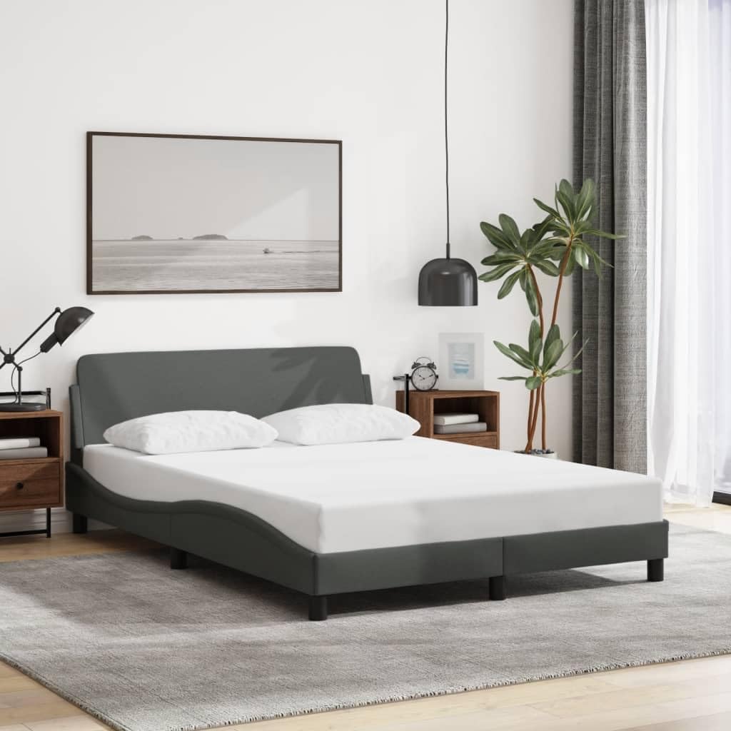 vidaXL Bed Frame - Full Size Dark Gray Fabric Upholstered Sleigh Bed Base with Headboard - Plywood Slats and Sturdy Legs